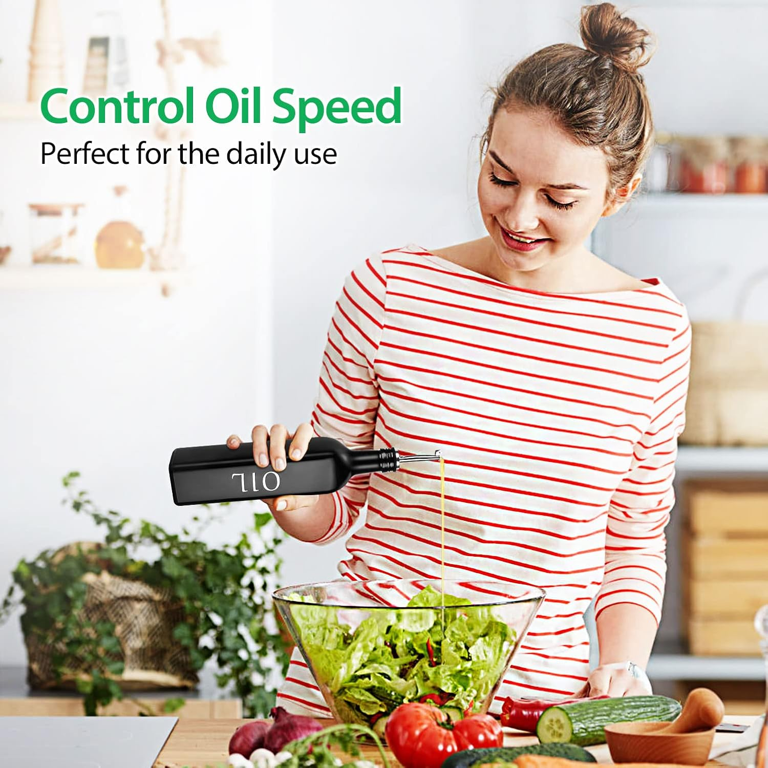 2 Pieces Oil and Vinegar Dispenser Set,Black & White Olive Oil Bottle Dispenser with Caddy Holder and Stainless Steel Spout,17Oz Cute Vintage Glass Cruet Set for Farmhouse Kitchen（Black） image number 4