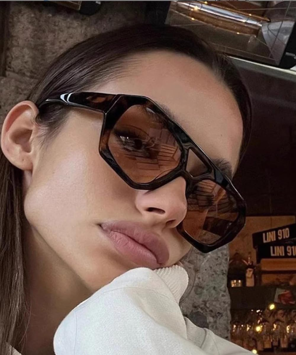 BAODAREN Trendy Aviator Sunglasses for Women Men Hexagonal Square Thick Frame Double Bridge Sun Glasses Shades BS1300 - Black/Grey image number 3