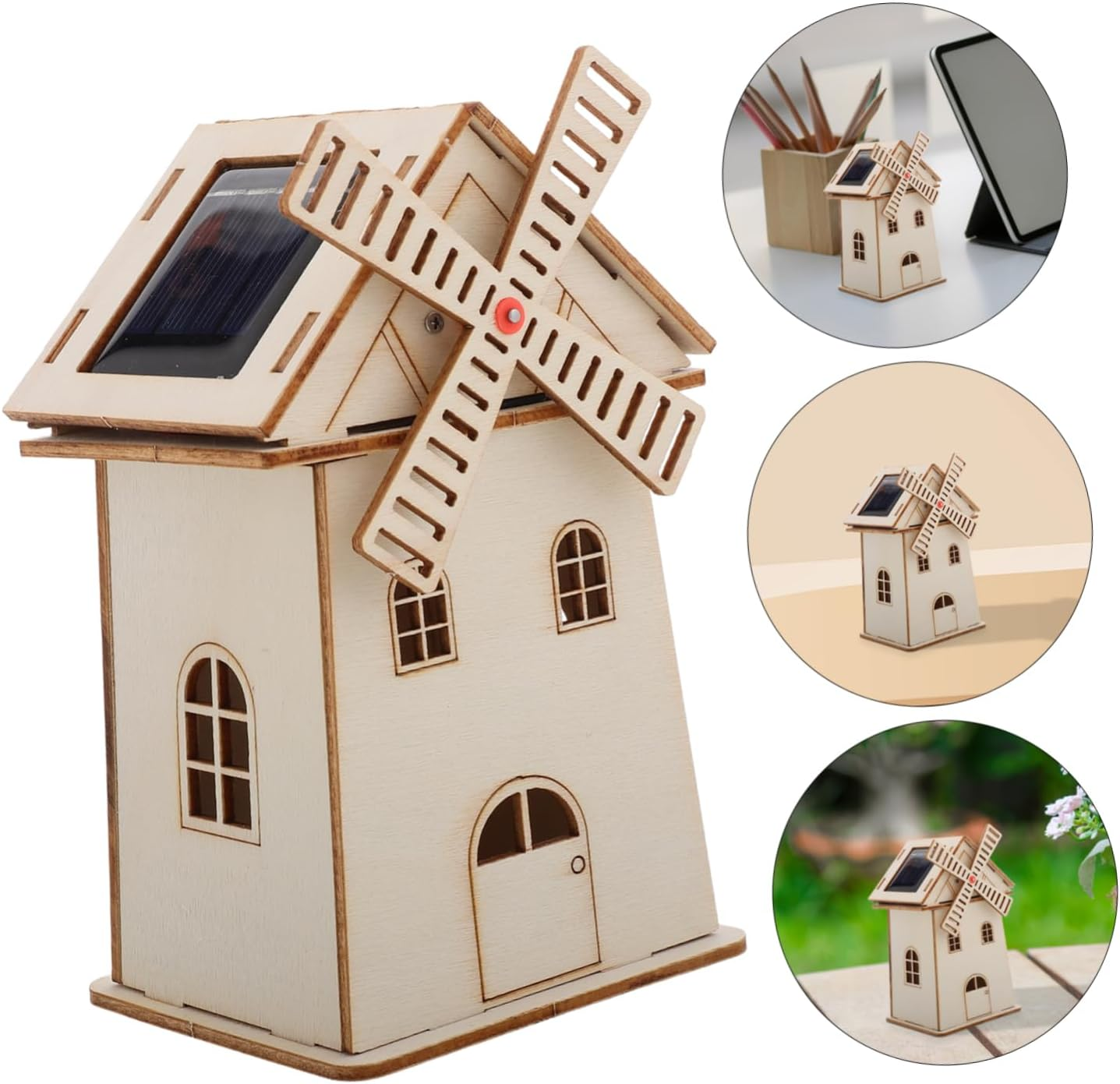 CIYODO Solar Windmill Science Model Wooden Windmill House Prop Kids Science Toy Solar Powered House Toy Model Unfinished Windmill House Prop Assembly Solar Power Toy image number 4