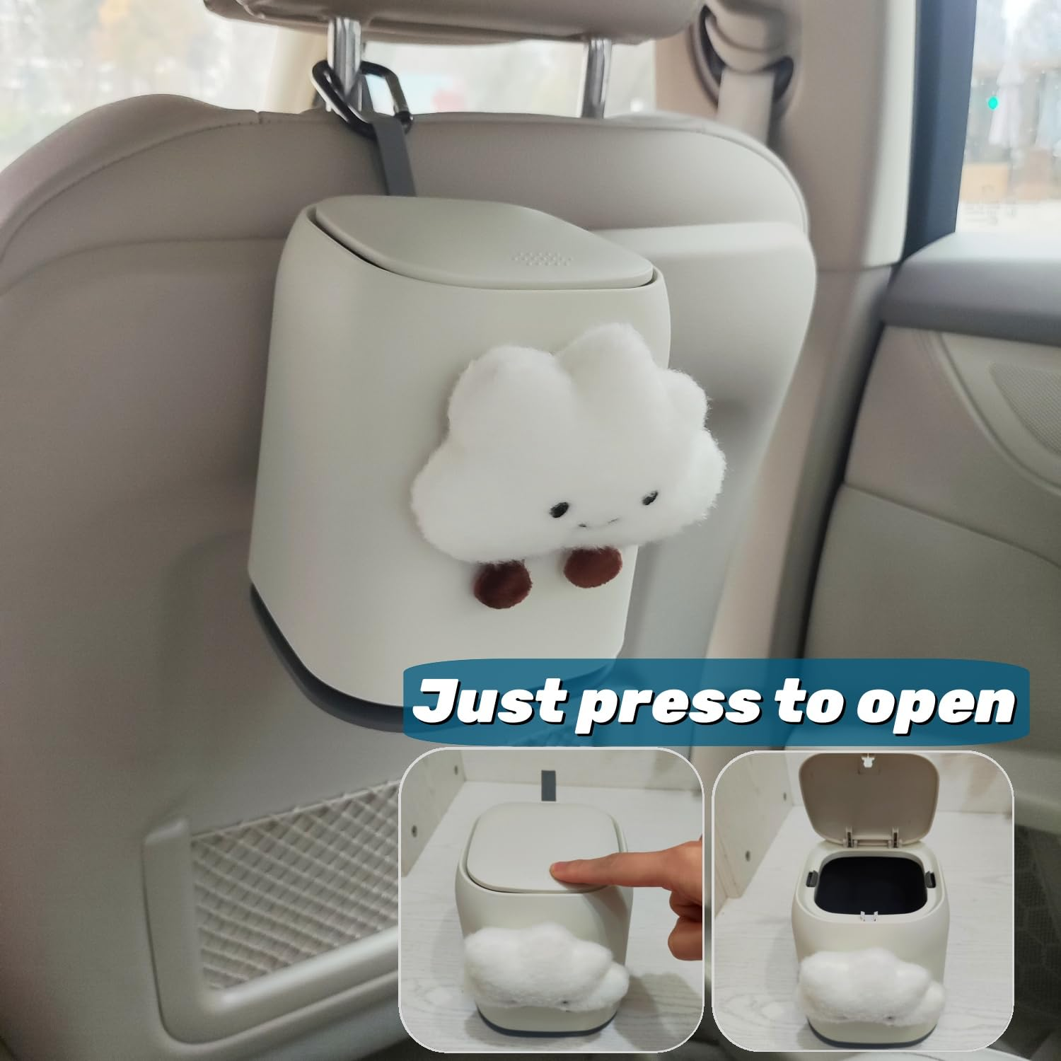 Zigihos Car Can Garbage Bin Cute Cartoon Style Hanging Car Flip Lid Trash Can Detachable Leak-Proof ABS Material Spaceman Duck Smile Cloud (Smiling Cloud) image number 3