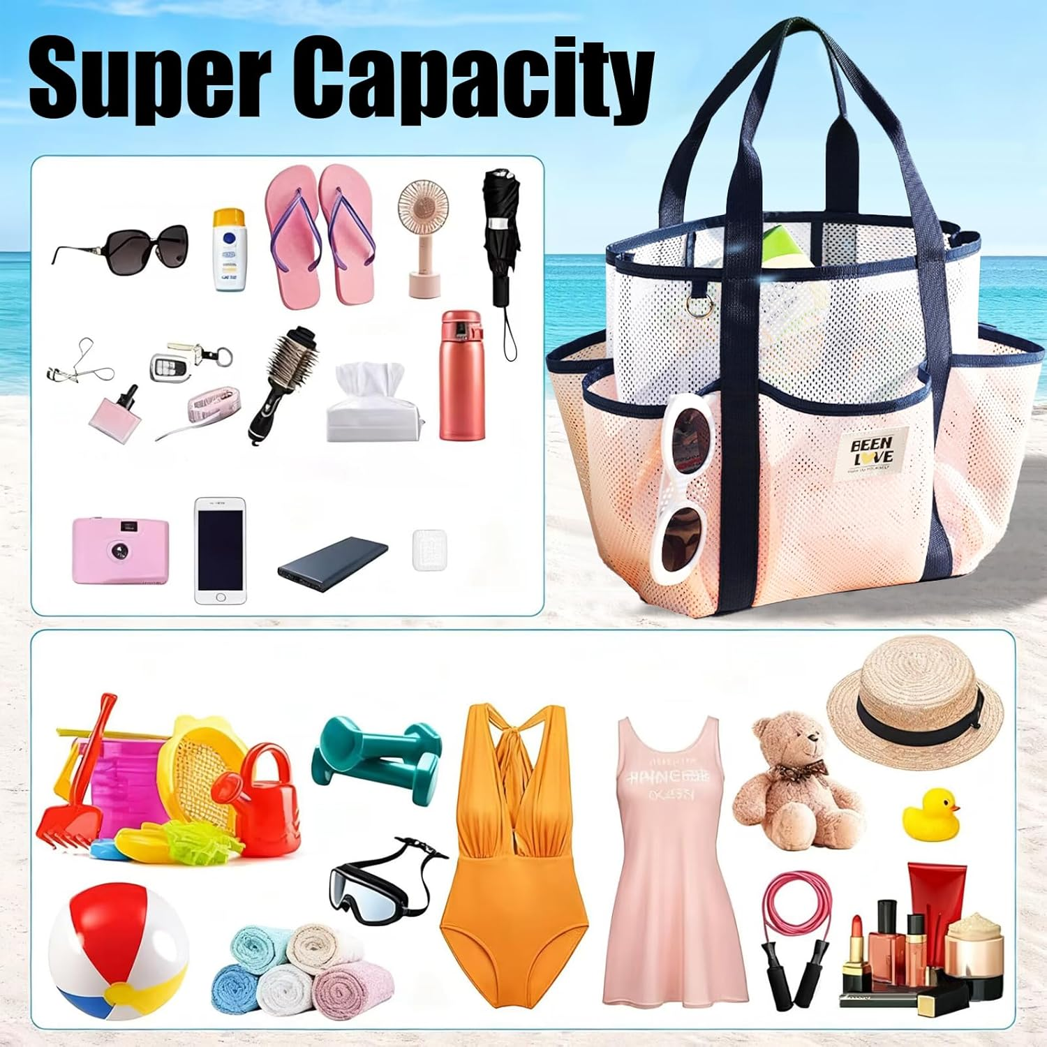 NHEWMAS Mesh Beach Bag Swimming Bag - Large Beach Tote Bag & Clutch Bag Set for Family Pool for Swimwear Sunglasses Toys and Vacation Essentials (Light Pink) image number 1