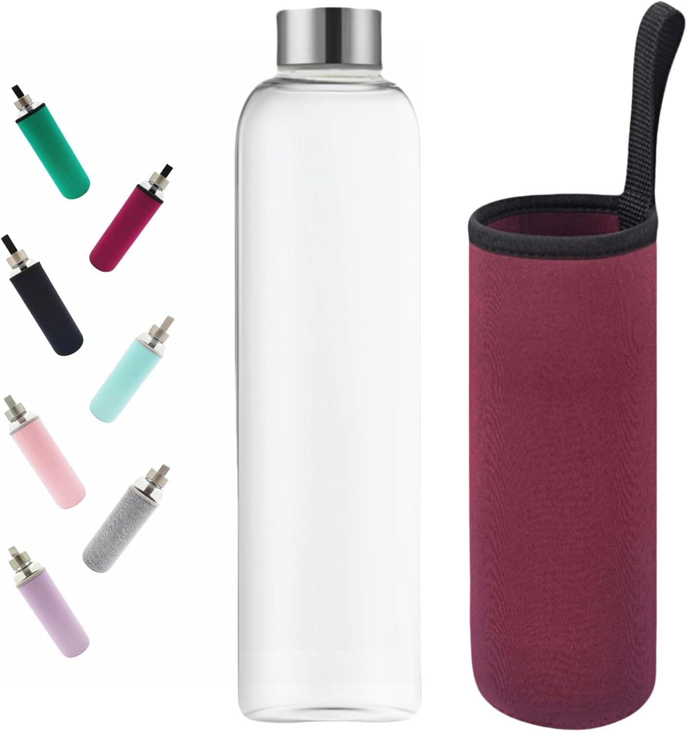 HENGFEI 550Ml Borosilicate Clear Glass Water Bottle with Stainless Steel Lid, Narrow Mouth (Black Sleeve)