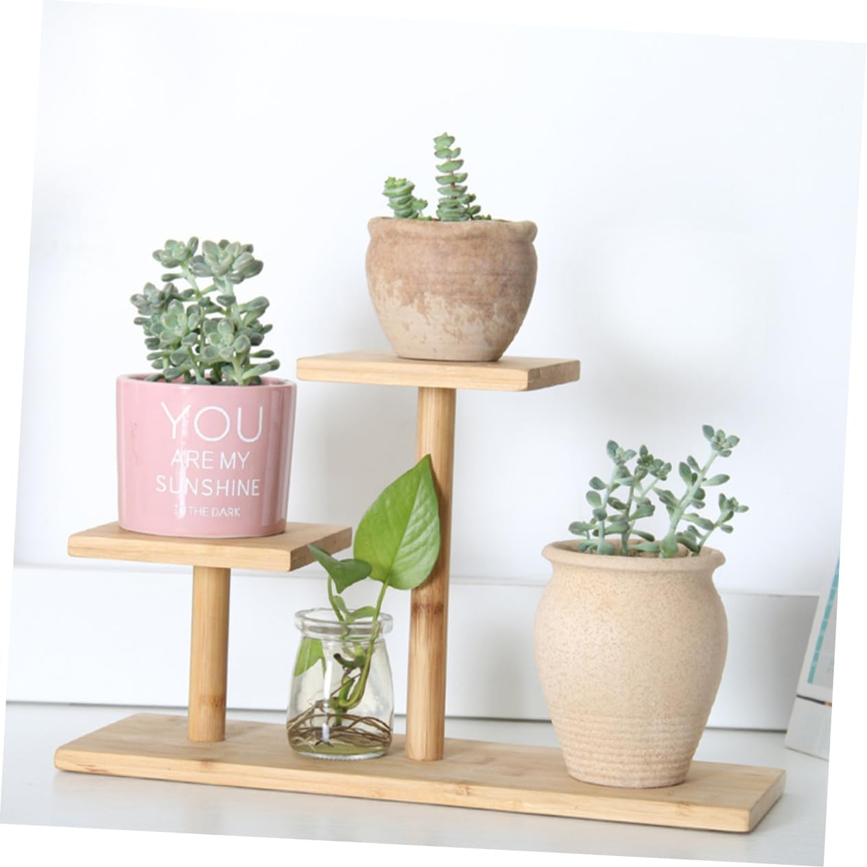 MINAOLULUS Bamboo Tiered Plant Stand for Indoor Desktop with 3-Layer Step Design, Multi-Pot Succulent Display Shelf for Window and Table Gardening image number 4