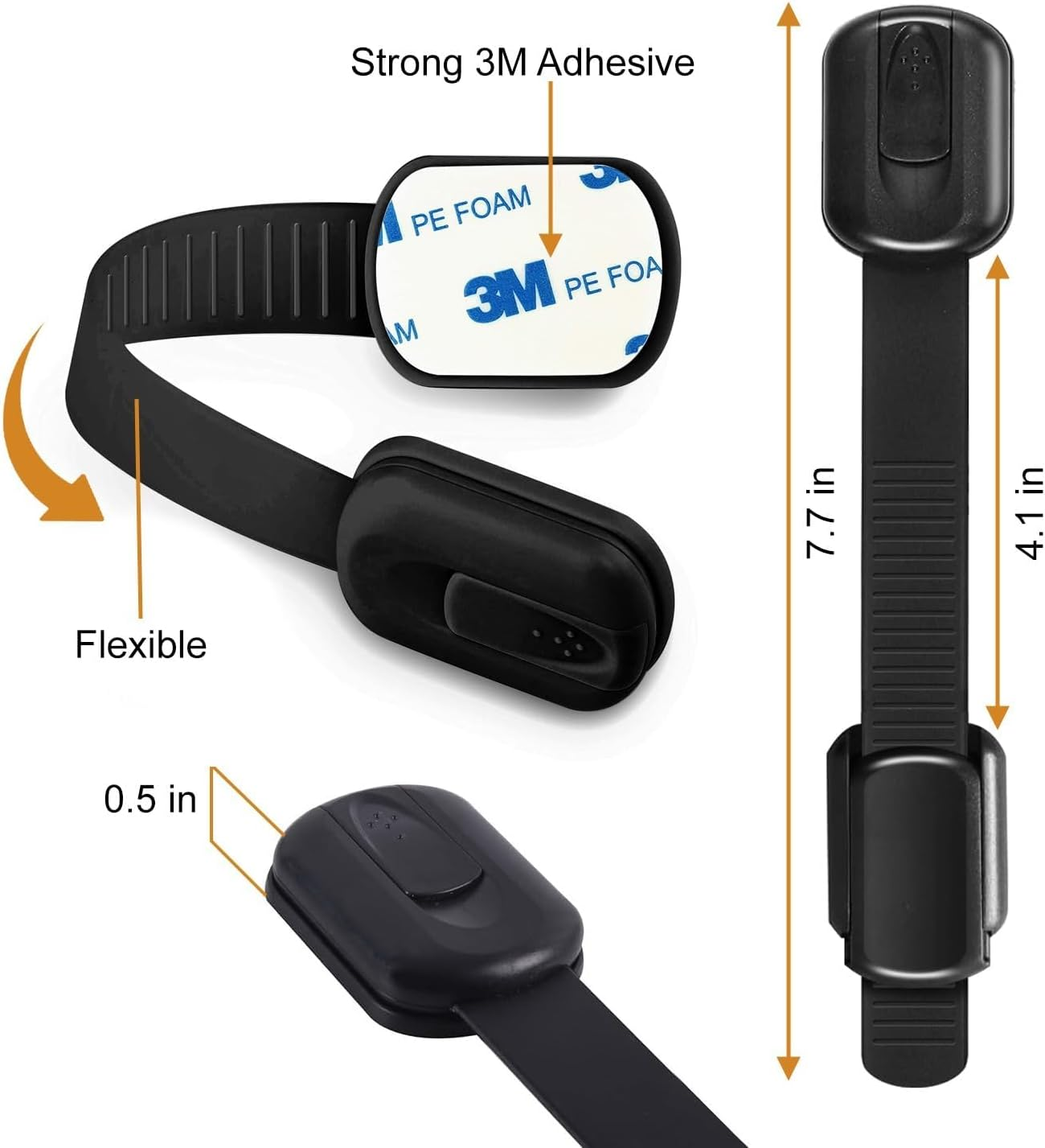 Proofing Safety Locks - 8 Packproof Lock with 8 Extra 3M Adhesives -Adjustable Flexible Strap Latches to Cabinet, Drawer, Cupboard, Toilet-Seat, Fridge, Oven, Window, Door -Black image number 2