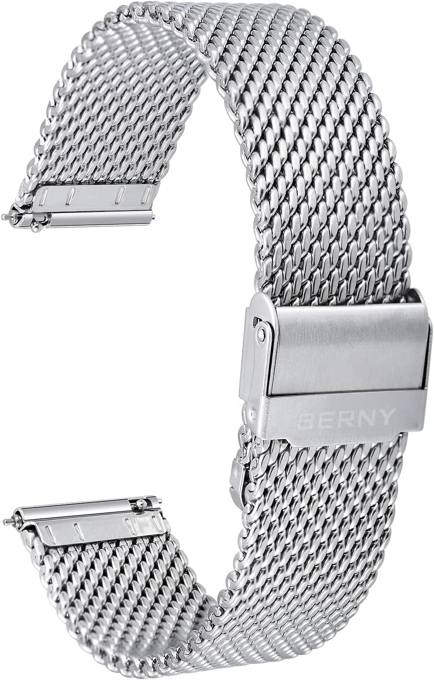 BERNY Stainless Steel Mesh Watch Band for Mens Women Quick Release Adjustable Milanese Watch Straps Thick Heavy Duty Metal Bracelet with Safty Clasp Black Silver 18Mm 20Mm 22Mm 24Mm
