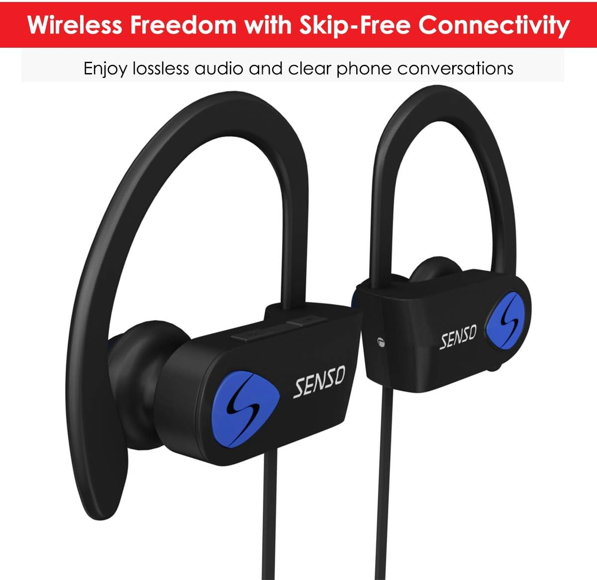 SENSO Bluetooth Headphones, Best Wireless Sports Earphones W/Mic IPX7 Waterproof HD Stereo Sweatproof Earbuds for Gym Running Workout 8 Hour Battery Noise Cancelling Headsets (Black Blue) image number 1