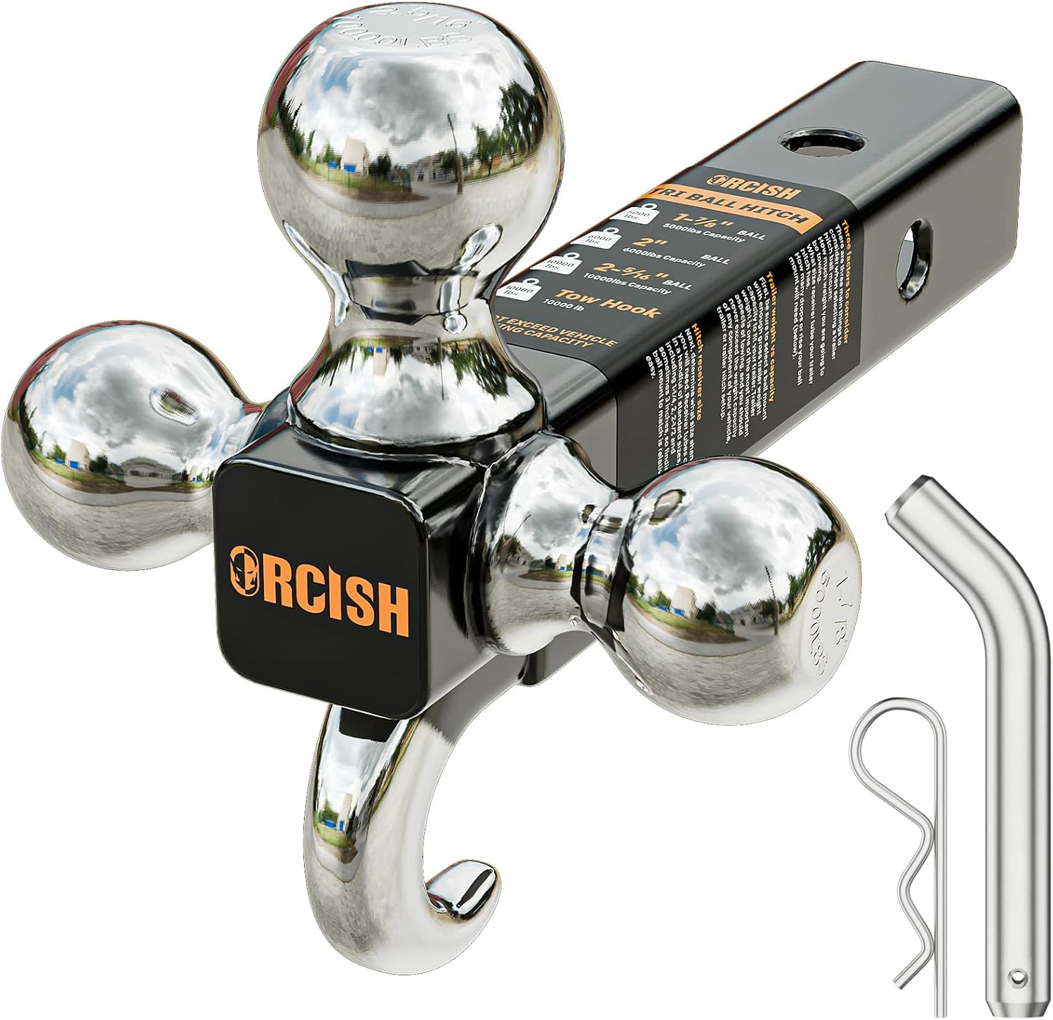 ORCISH Trailer Hitch Tri-Ball Mount with Hook & Pin, Trailer Ball Size 1-7/8", 2" and 2-5/16", Fit 2 Inch Hitch Receiver, 2/3 in 1 Ball Truck Hitch, Tow Hitch