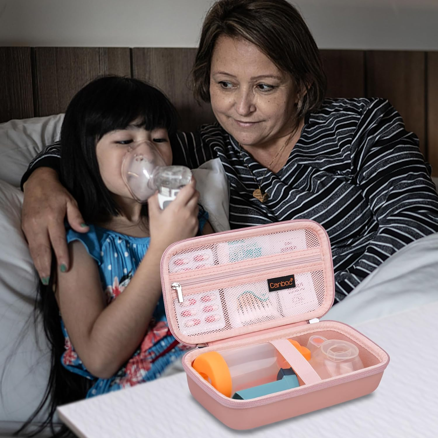 Canboc Carrying Case for Asthma Inhaler, Handheld Spacer for Adults and Kids, Mask, Inhaler Spacer Bag with Removable Shoulder Strap, Mesh Pocket Fit Medicine or Essentials, Rose Gold (Case Only)