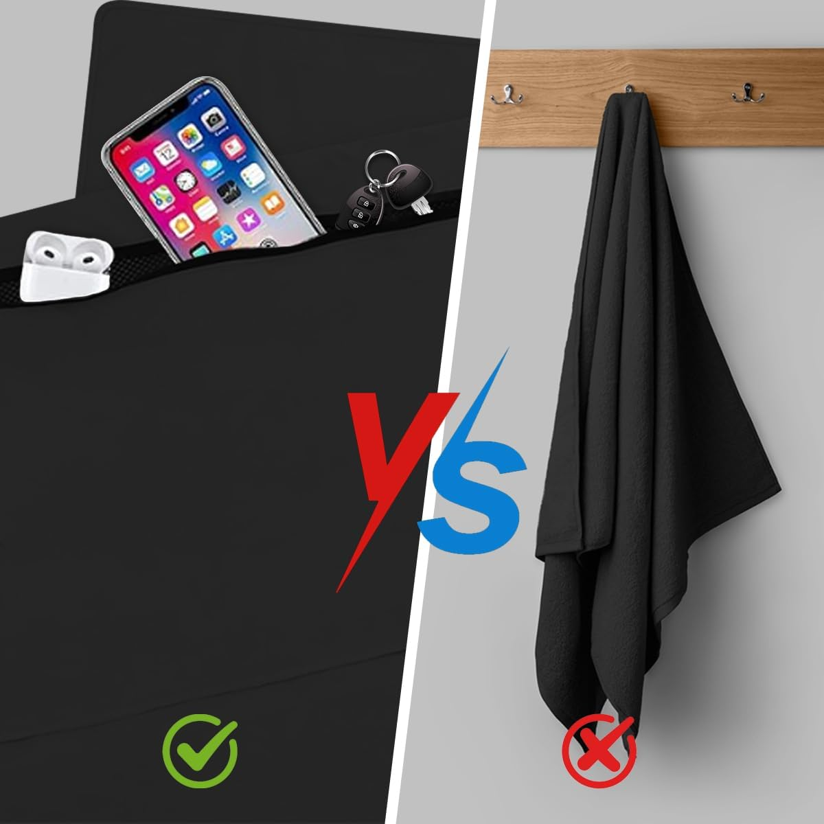 Towel with Pocket (90X40 Cm) Hooded Gym Towel with Zip Pocket Microfibre Yoga, Swimming,Ultra Soft, Sweat,Quick Dry Towel for Men & Women,Multi-Purpose Gym Accessory (Black) image number 2