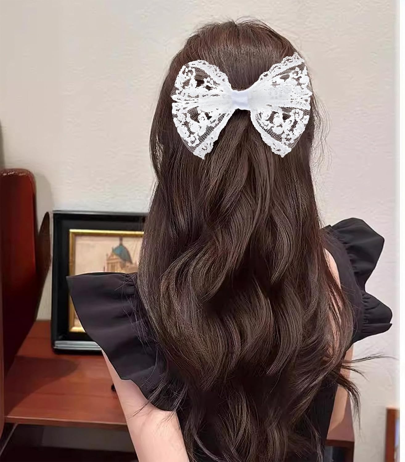 NICENEEDED 2PCS 3 Inch Lace Hair Bow Clips, Vintage Multicolor Bowknot Hair Accessories, Hair Barrettes for Different Occasions image number 2