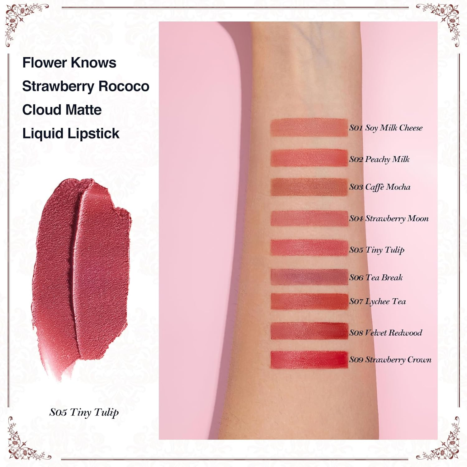 Flower Knows Strawberry Rococo Cloud Lip Cream,Velvety Matte Liquid Lipstick,Pink Lipstick,Long Lasting Lip Stain,Kiss-Proof Blurred Lipstick for Girls&Women,0.12 Fl Oz(S05 Tiny Tulip) image number 2