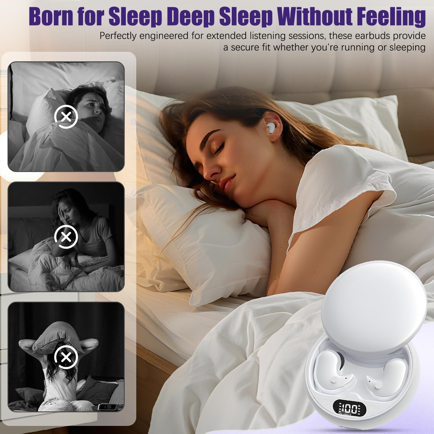 Vision Beam Ear Buds, Invisible Sleep Wireless Earphone, Comfortable Fit LED Power Display for Sleeping, Working, Hiking (White) - White image number 4