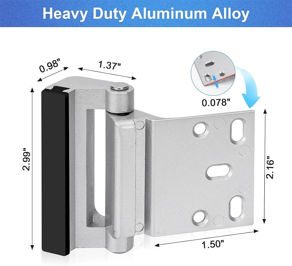 1 PCS Silver Home Security Door Lock with 5 Screws,Childproof Door Reinforcement Latch with 3" for Inward Swing Doors,Night Lock for Front Door Defense,Includes Frosted Silver Drill Bit image number 2