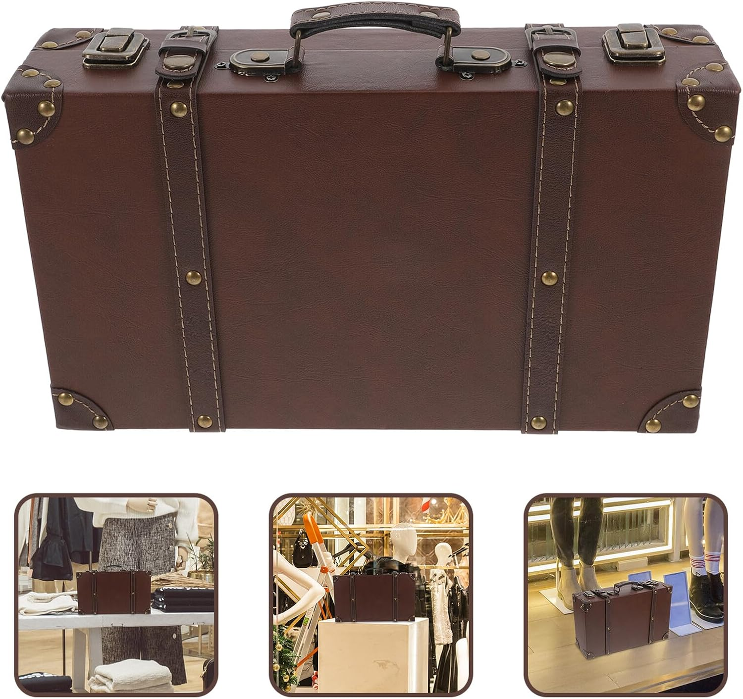 TEHAUX Retro Leather Suitcase Trunk with Comfortable Handle Vintage British Style Decorative Storage Box for Boutique Display Photo Shoots and Store Window Props