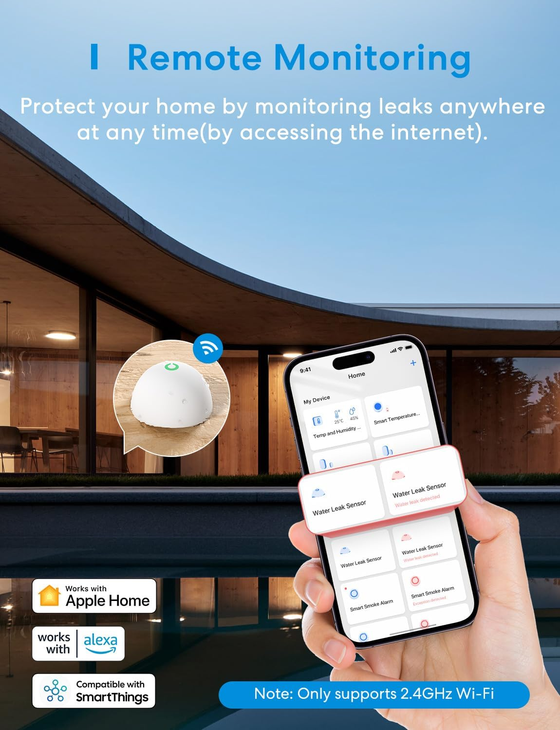 Meross Smart Water Detector WLAN Water Alarm 3 Pieces for Homekit, Water Sensor with Hub Compatible with Apple Home, Alexa and Smartthings Wireless Flood Detector IP67, Audio Alarm for Kitchen, image number 3