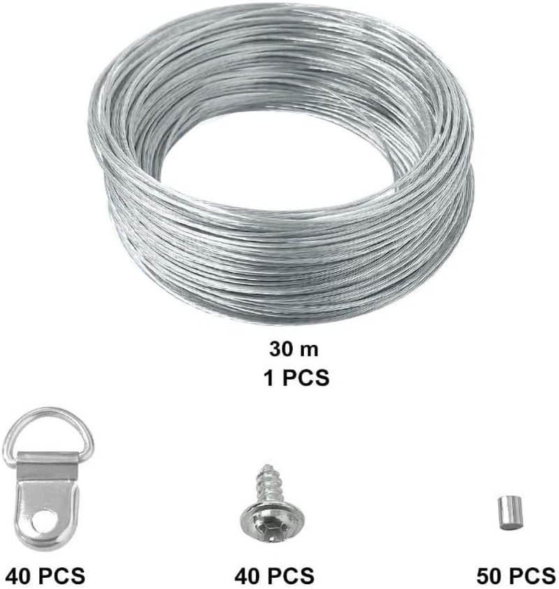 WEZCHUGHAOL 131Pcs Picture Hanging Kit - 98 Feet Stainless Steel Hanging Wire, 40 Pcs D Ring Picture Hangers with 40 Pcs Screws and 50 Pcs Aluminum Crimping Loop Sleeve for Hanging Paintings Photos image number 4