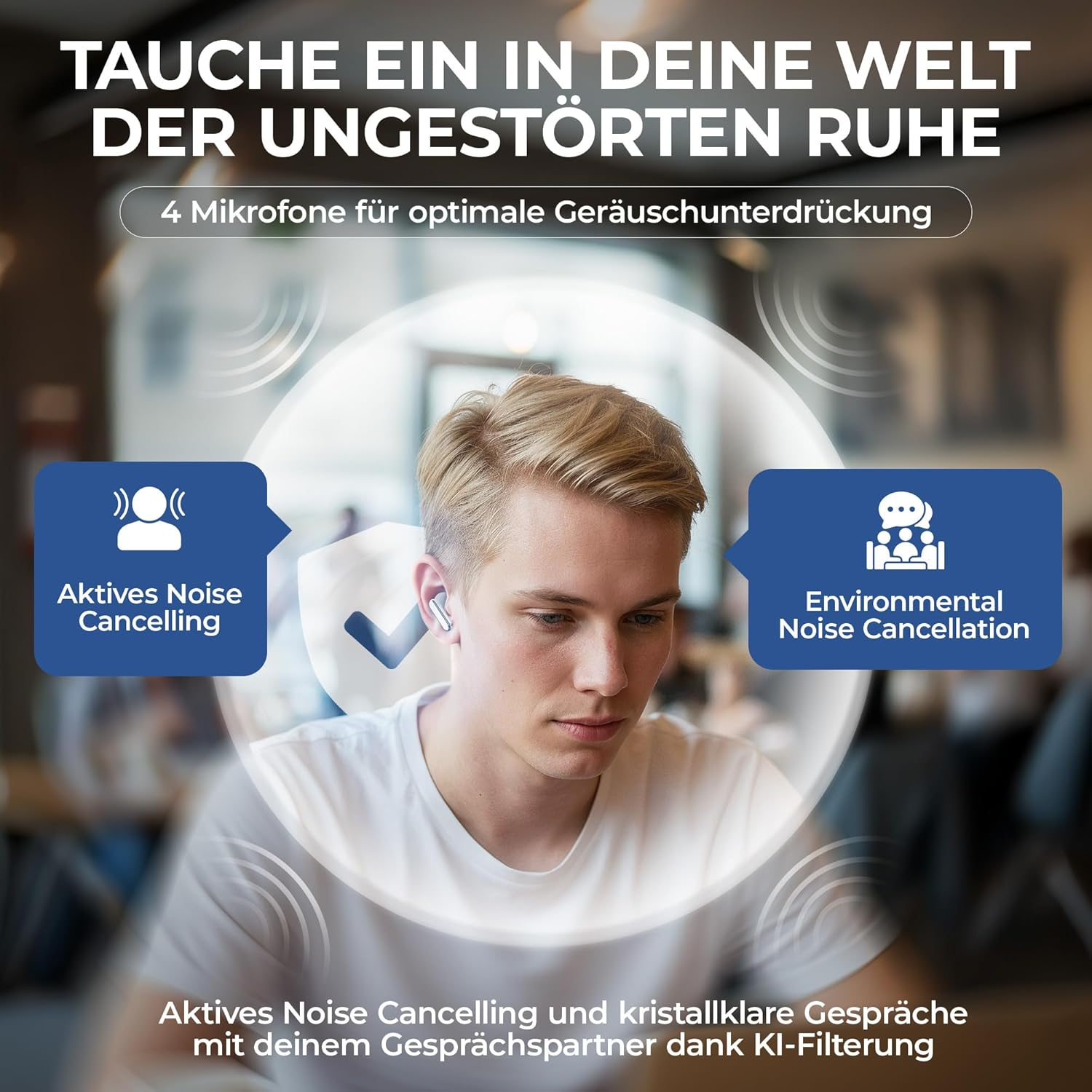 FREI PUNKT 24 In-Ear Headphones - Bluetooth 5.3, White, ANC+ENC Noise Cancellation, 6+48H Runtime, LED Display, Rich Bass, 3 Pairs Silicone Ear Tips - Black image number 7