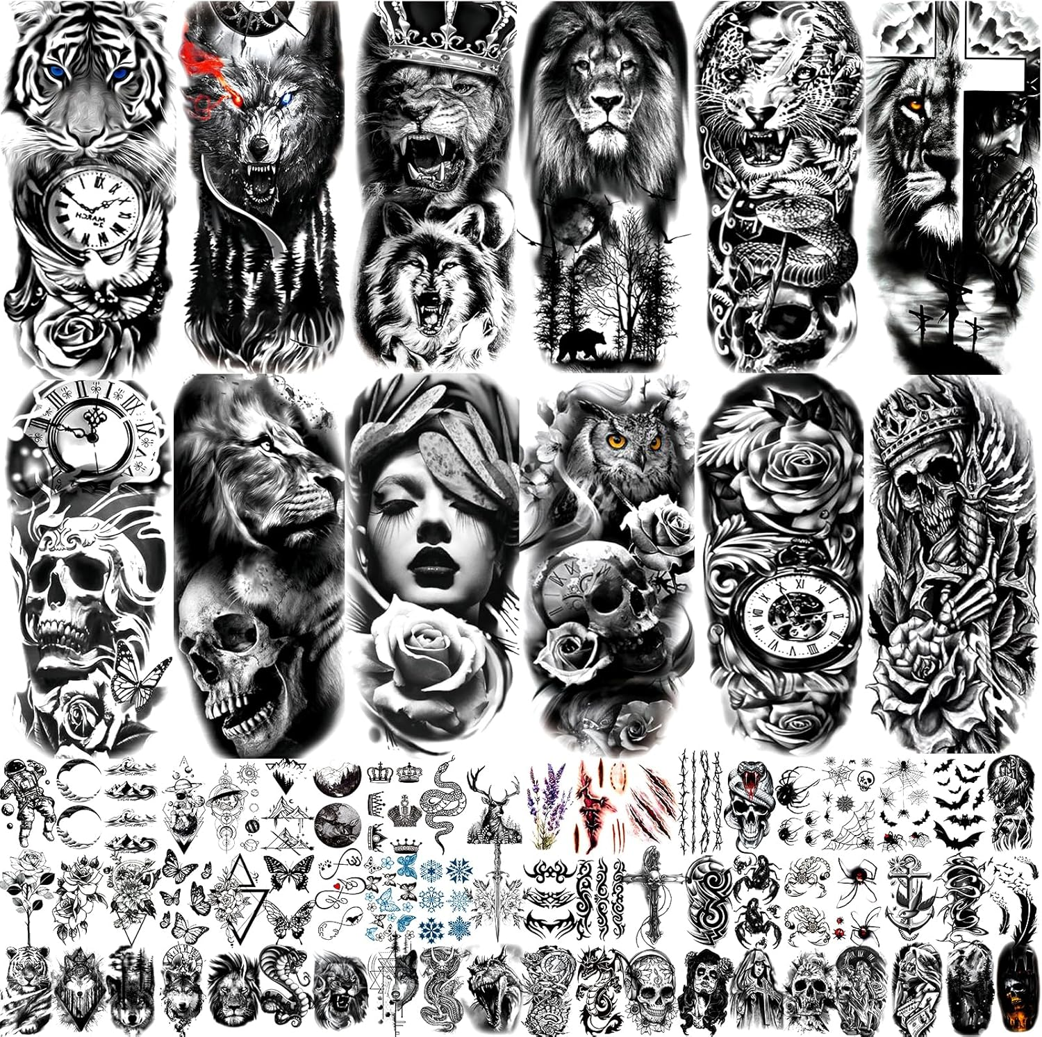 JEEFONNA 82 Sheets Temporary Tattoo for Men Women Adults, Include 12 Sheets Black 3D Half Sleeve Temporary Tattoos, Halloween Tattoos Scary Lion Wolf Tiger Skull Skeleton Tattoos Stickers image number 5