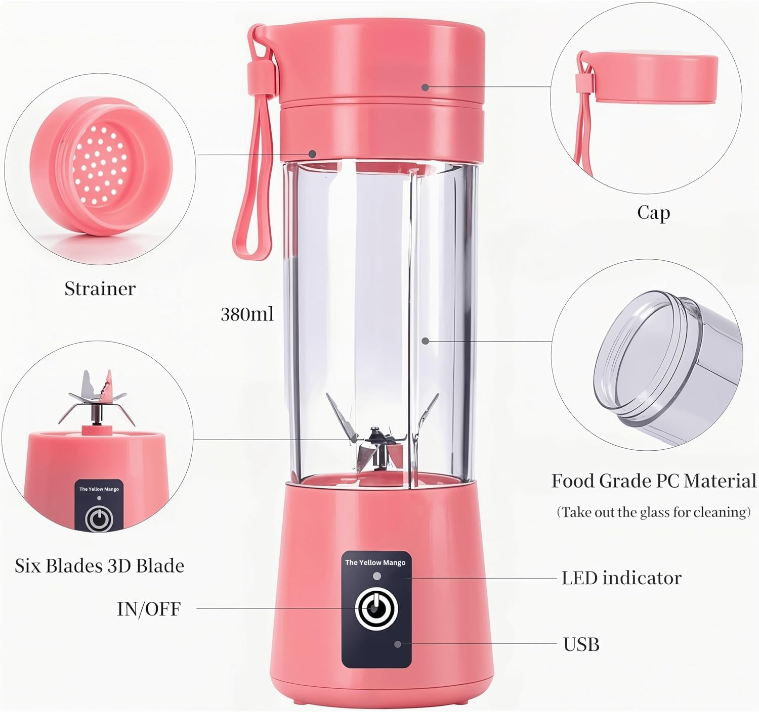 Portable Blender Cup, Electric USB Mini Juicer Blender for Shakes and Smoothies, 380Ml, 6 Stainless Steel Blades, Rechargeable, Lightweight, Black, Ideal for Travel & Gym (Pink)