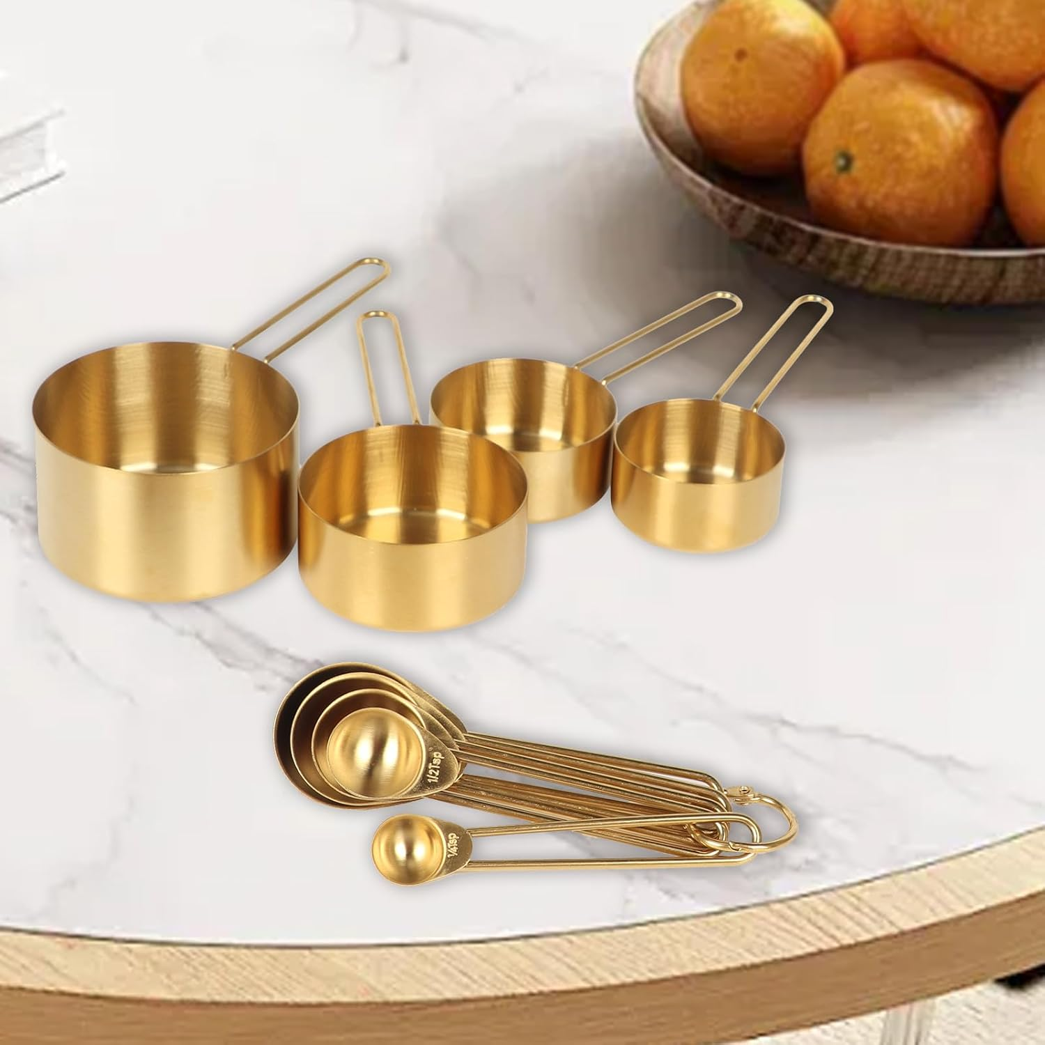 Gold Stainless Steel Measuring Cups and Spoons Set of 9, Premium Gold Kitchen Gadgets,4 Measure Cups and 5 Magnetic Measuring Spoons Set,2 Leveler for Liquid and Dry Ingredients Baking Cooking