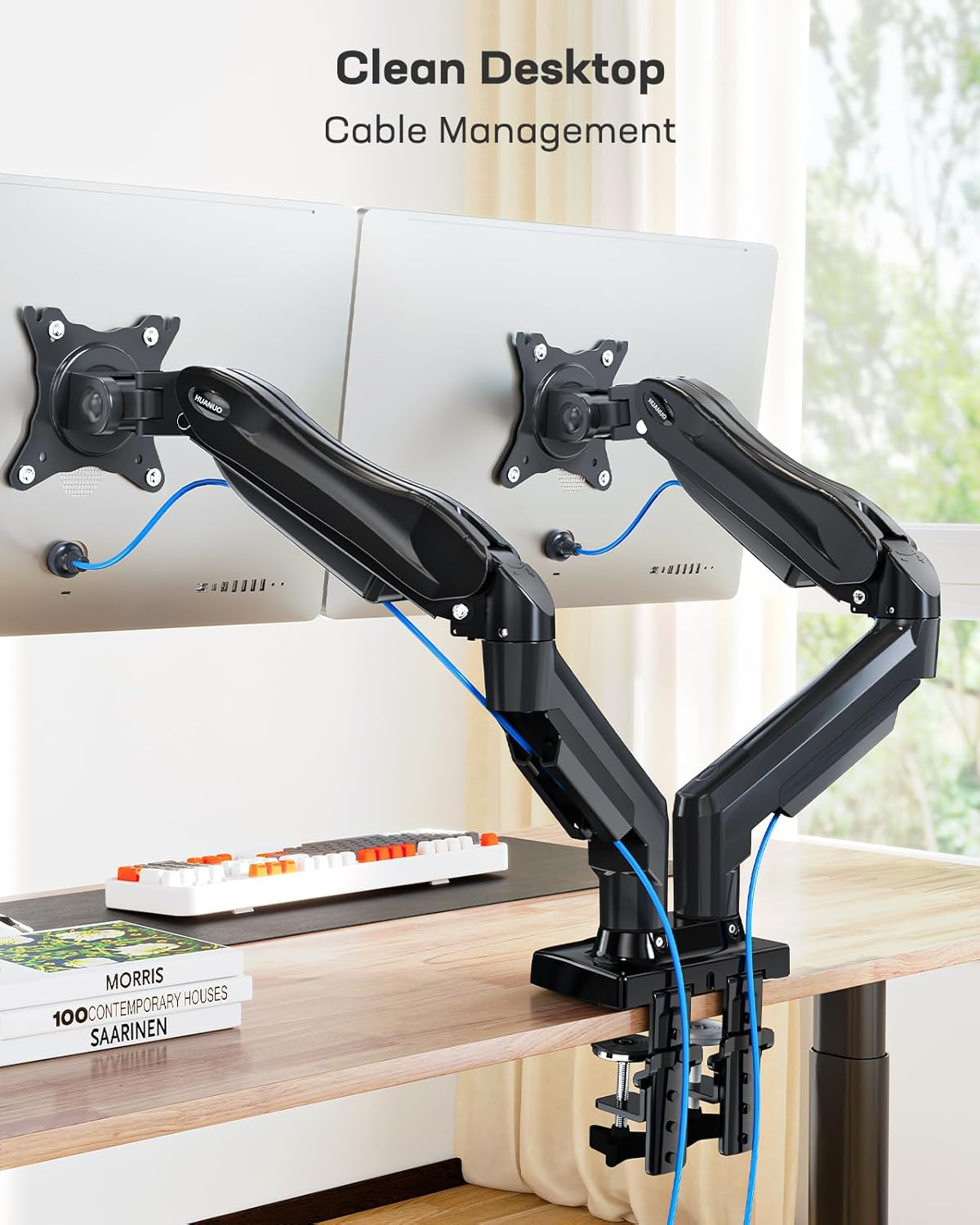 HUANUO Dual Monitor Stand - Full Adjustable Monitor Desk Mount Swivel Vesa Bracket with C Clamp, Grommet Mounting Base for 13 to 32 Inch Computer Screens - Each Arm Holds 4.4 to 19.8Lbs image number 4