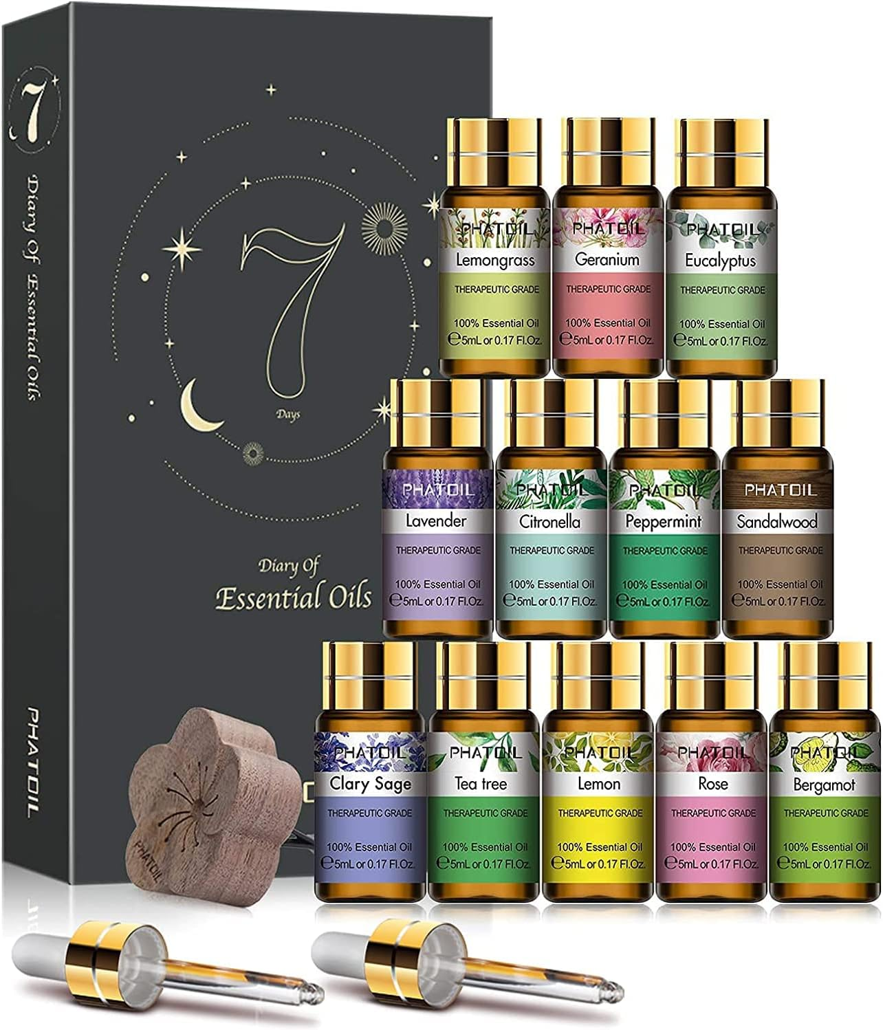 PHATOIL Premium Essential Oils Set with Wood Diffuser 100% Pure Natural Therapeutic Aromatherapy Oils Gift Set-12 Pack/5Ml for Relaxation,Peacefulsleep,Diffuser,Humidifier,Massage,Skin&Hair Care image number 2