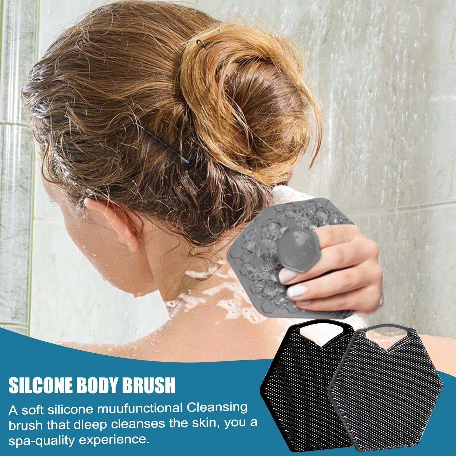 2 PCS Silicone Body Scrub, Soft Silicone Massage Pad with 2 Hooks Wall Mounted Back Scrubber Foot Scrubber Body Cleansing Brush Easy Grip Brush for All Kinds of Skin (Grey, Black)