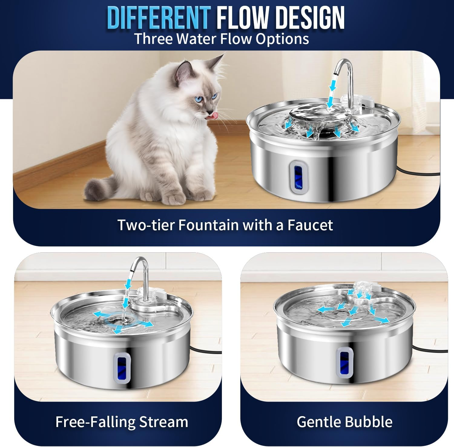 Slowton Cat Water Fountain - Stainless Steel Automatic Fountain for Cats & Dogs, 108Oz/3.2L, Quiet Pump with Water Level Window Filter (Silver) image number 2