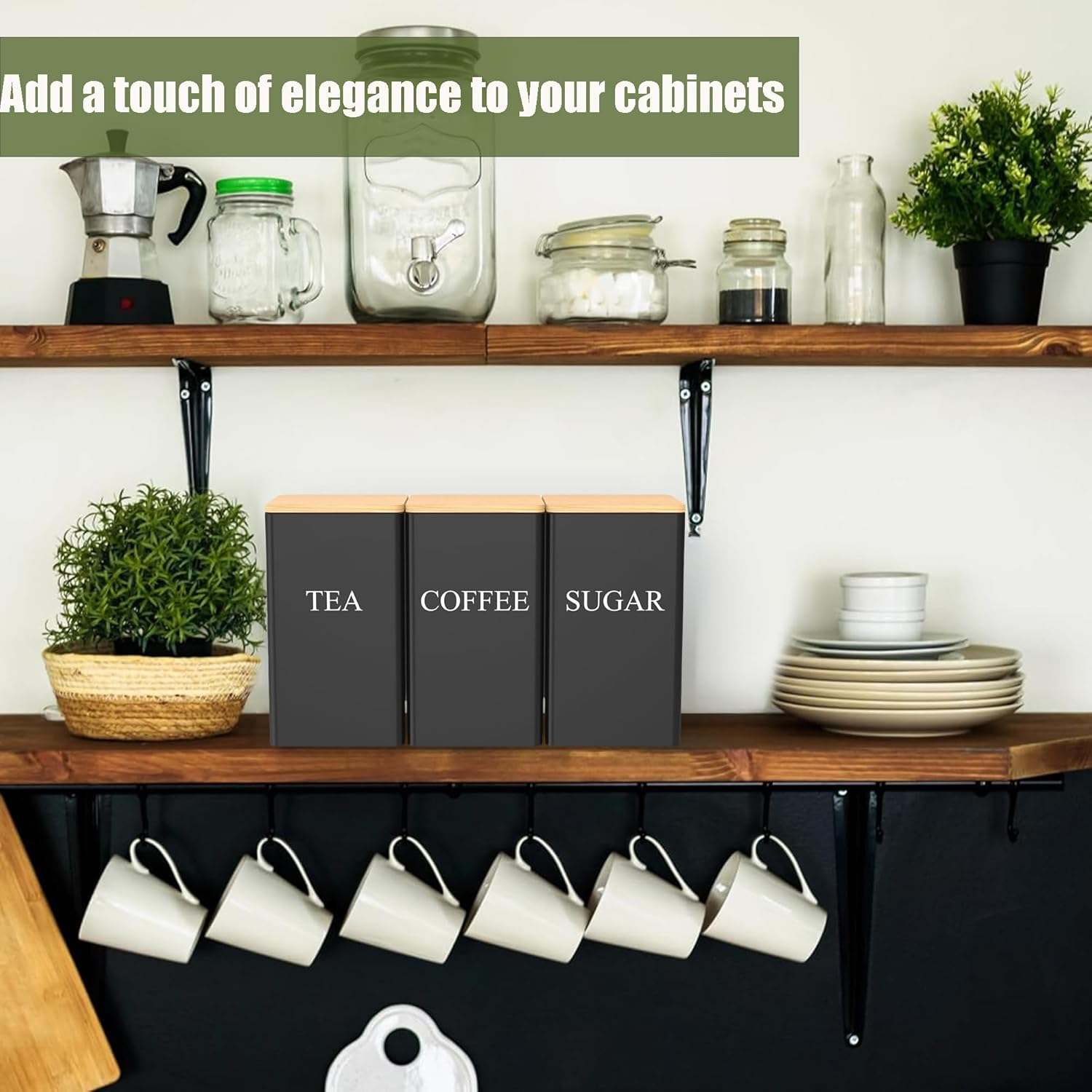 Alerrawia Tea Coffee Sugar Canister 1000 Ml Metal Coffee Tea Sugar Container with Airtight Bamboo Lid and Name Marker Food Storage Containers Jars for Coffee Sugar Tea Black Container Sets image number 3