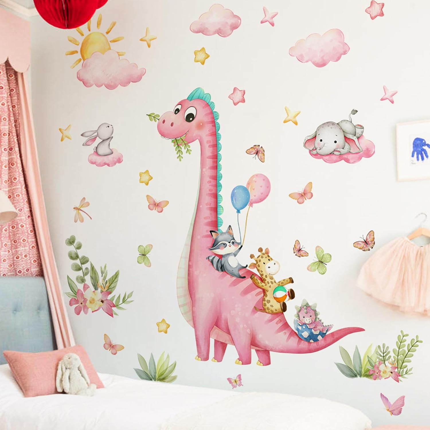 Pink Dinosaur Wall Decals Girls Room Pink Cartoon Animals Wall Stickers Peel and Stick Wall Art for Kids Bedroom Living Room Nursery Playroom Classroom Wall Decor image number 6