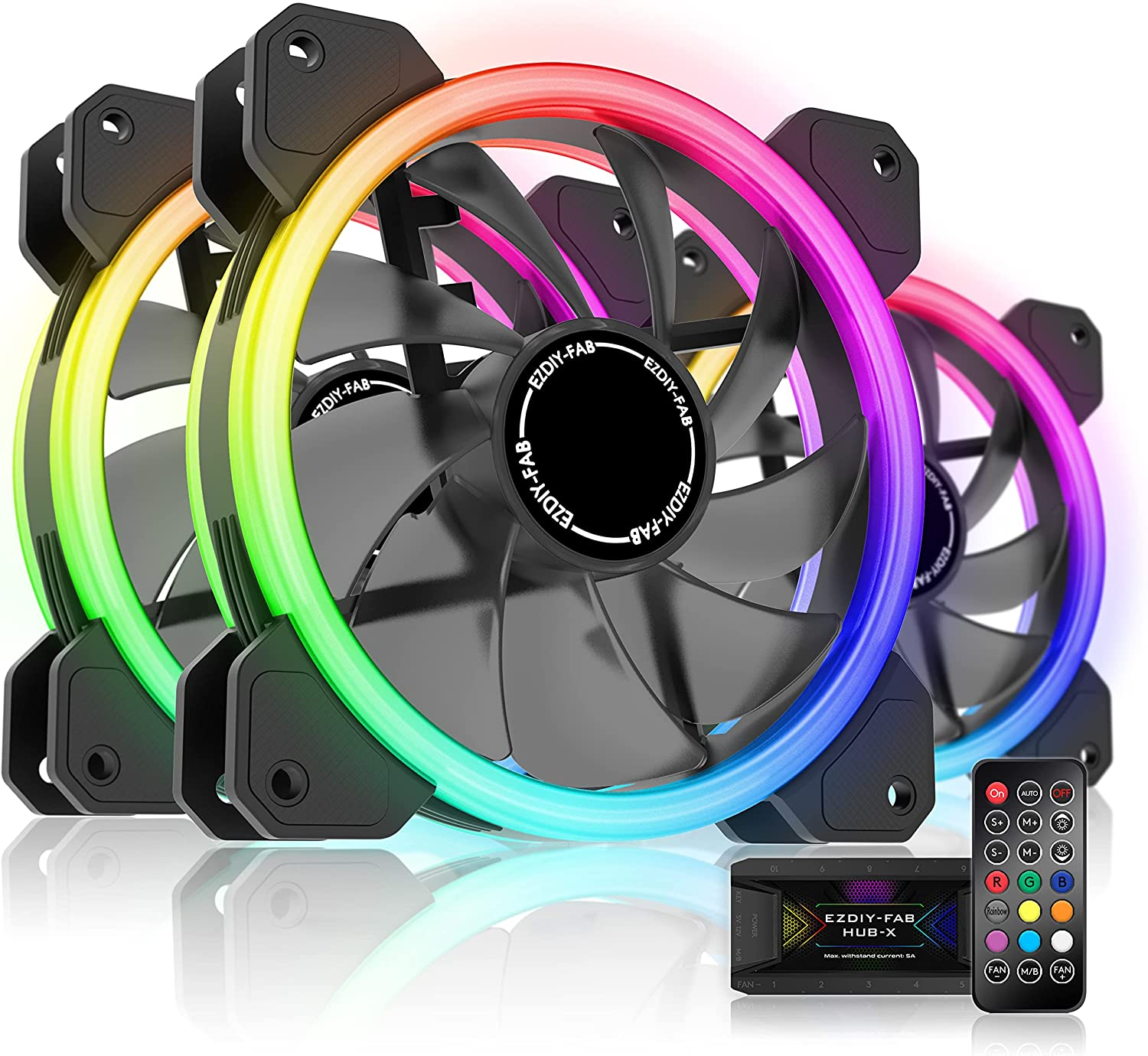 EZDIY-FAB New Dual Ring 120Mm RGB LED Case Fans, 5V Motherboard Sync, Speed Adjustable, RGB Sync Fan with Fan Hub X and Remote-3 Pack image number 6