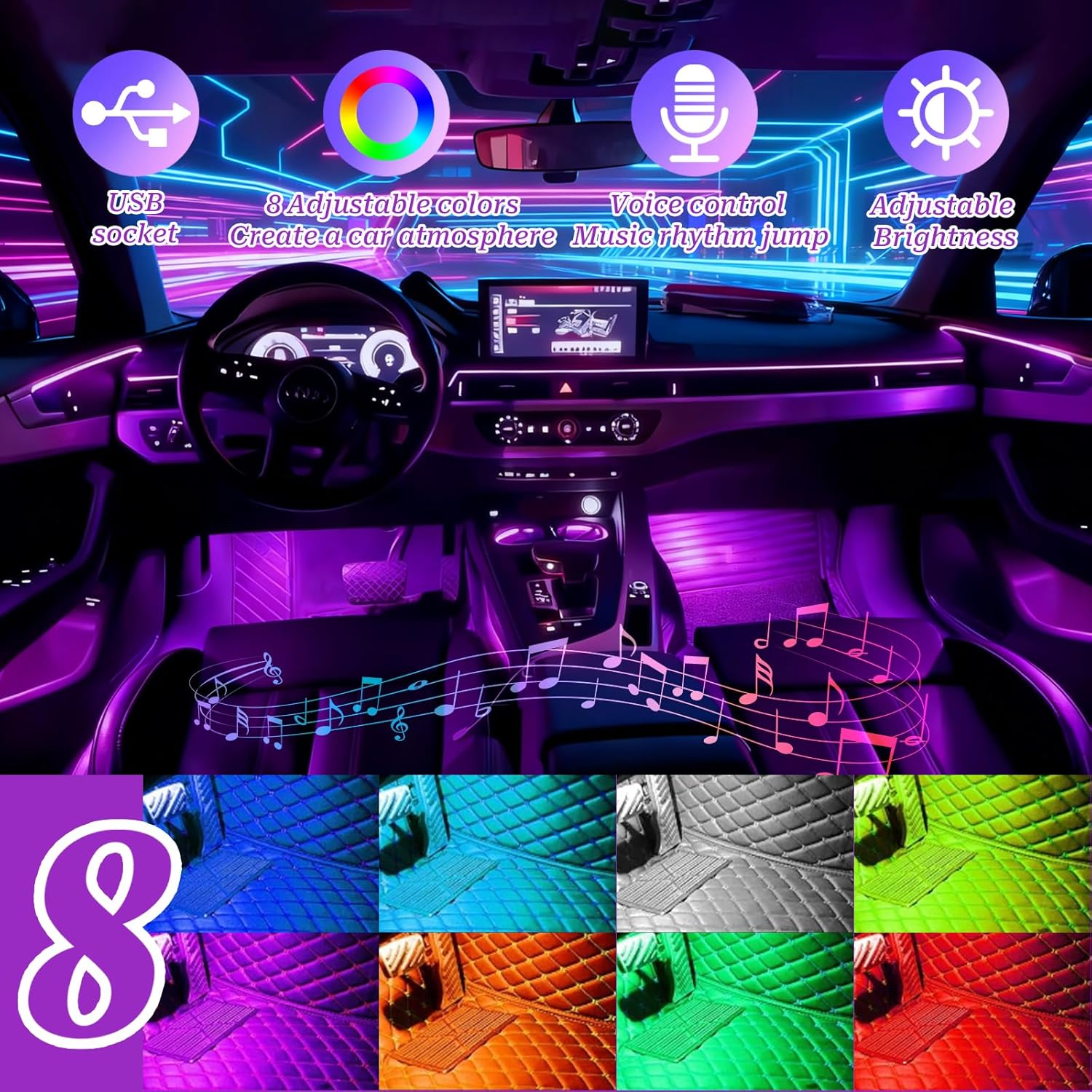 4-In-1 Car Interior Lights, Ambient Strip Lighting for Car, APP Control with USB Port & Music Sync Color Change, 48 LED, Car Decoration for Jeep SUV Truck image number 3