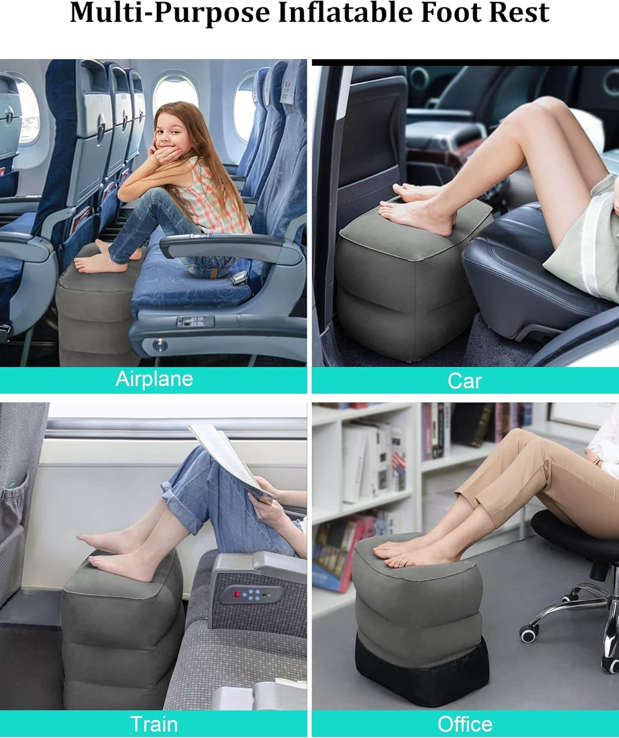 Inflatable Travel Foot Rest Pillow, Office Footrests, Adjustable 3 Layers Height Leg Rest Pillow, Airplane Travel Essentials Great for Airplane, Office, Home, Trains, Cars（With Pump） image number 4