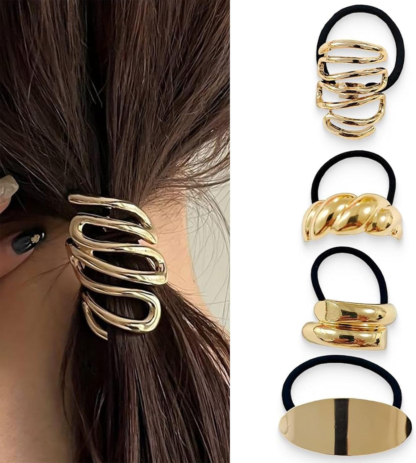 Golden Hair Scrunchie Bracelet, Gold Elastic Hair Bands, Pack of 4, Girls, Geometric Style, Elastic, for Girls and Women image number 5