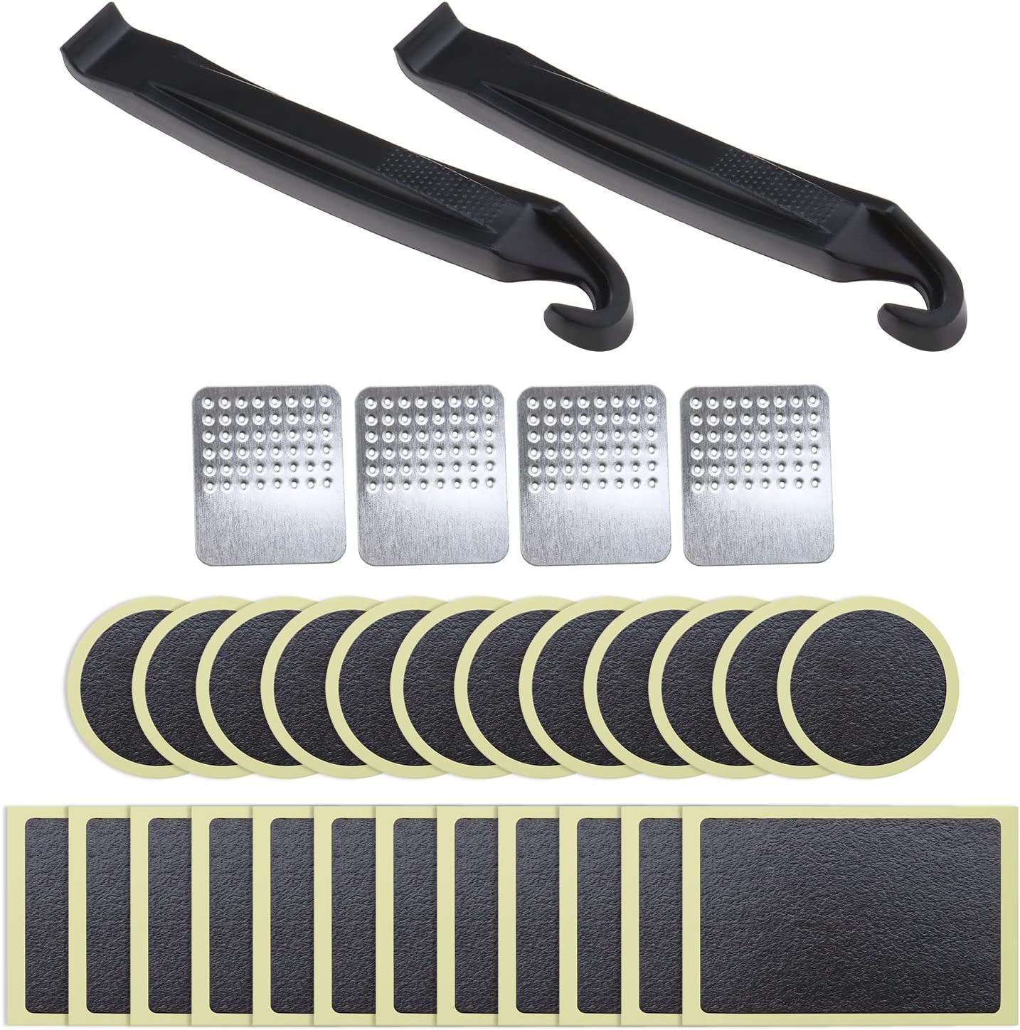 SING F LTD 1 Set of 30PCS Bicycle Tire Patch Repair Kit 12PCS round 12PCS Rectangular Glueless Self-Adhesive Patches with 4PCS Metal Rasps 2PCS Tire Levers Storage Box image number 5