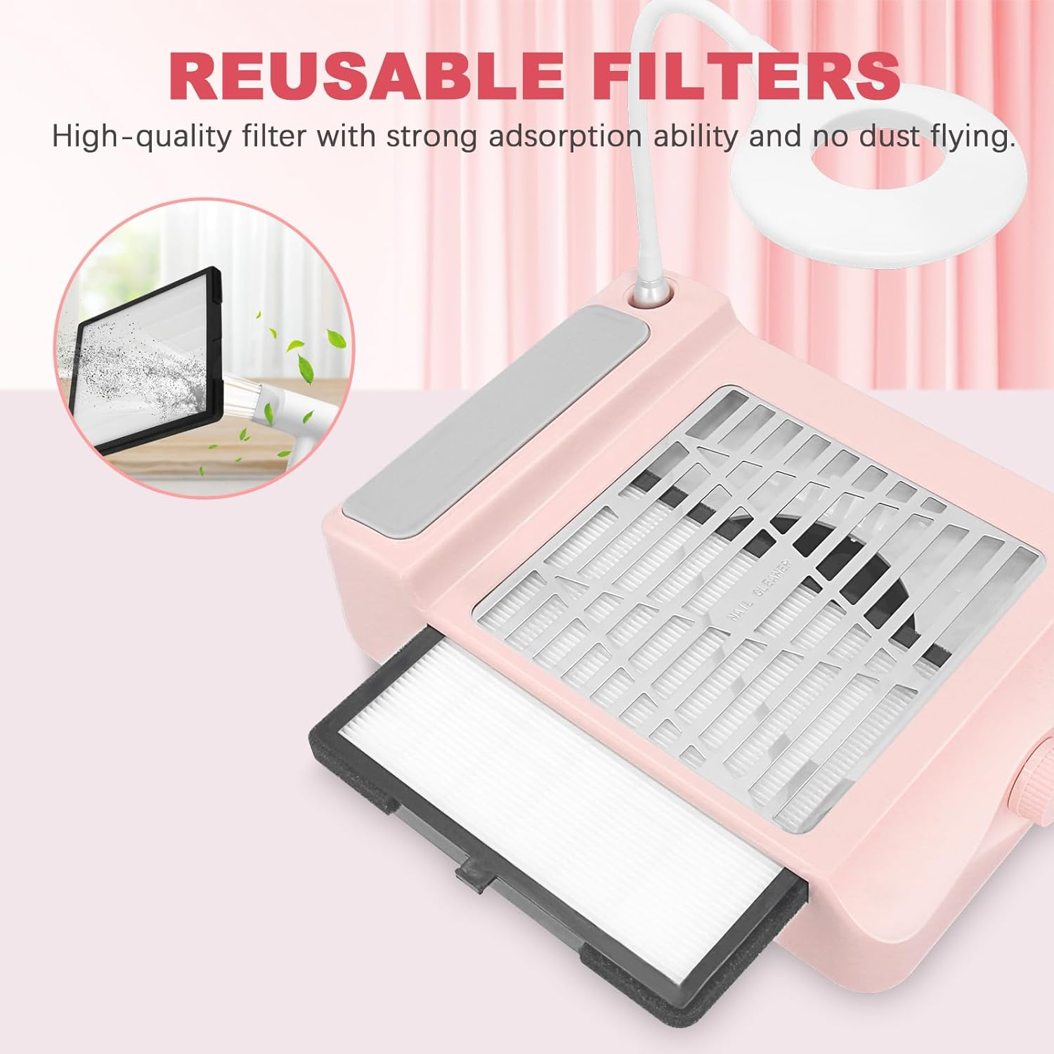 AONOLOVO Nail Dust Collector, Adjustable Suction, Professional Nail Fan Dust Collector with Light Manicure Dust Collector Nail Tech Vacuum Cleaner Machine for Acrylic Nails Removal, Pink image number 4