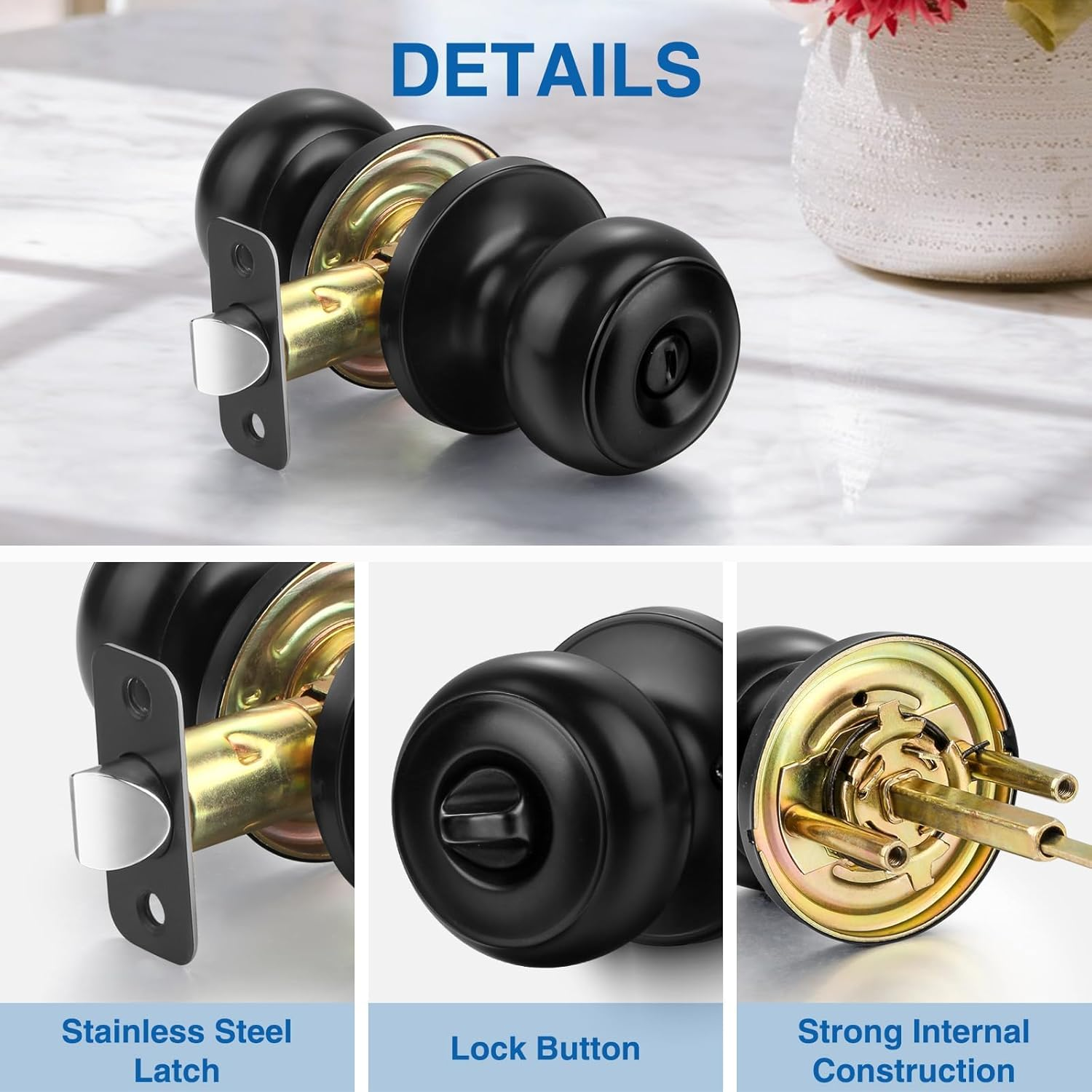 Sopoby Privacy Door Knob, 10 Pack Matte Black round Keyless Doorknobs Interior/Exterior Lockset, Privacy Locking Door Knobs for Bedroom/Bathroom, Black Modern Design Door Hardware image number 4