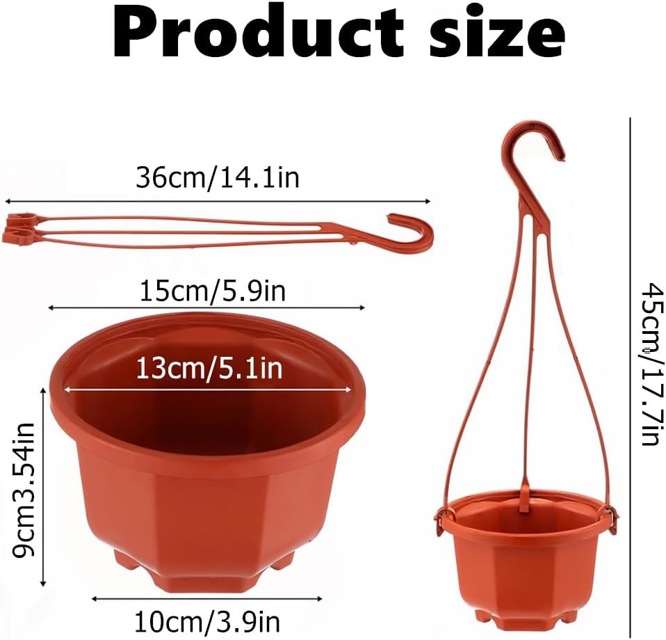 10 Sets of Octagonal Plant Hanging Flower Pots, Plastic Hanging Planters with Drainage Holes and Hooks, for Garden Balcony Decoration (Brown) image number 5