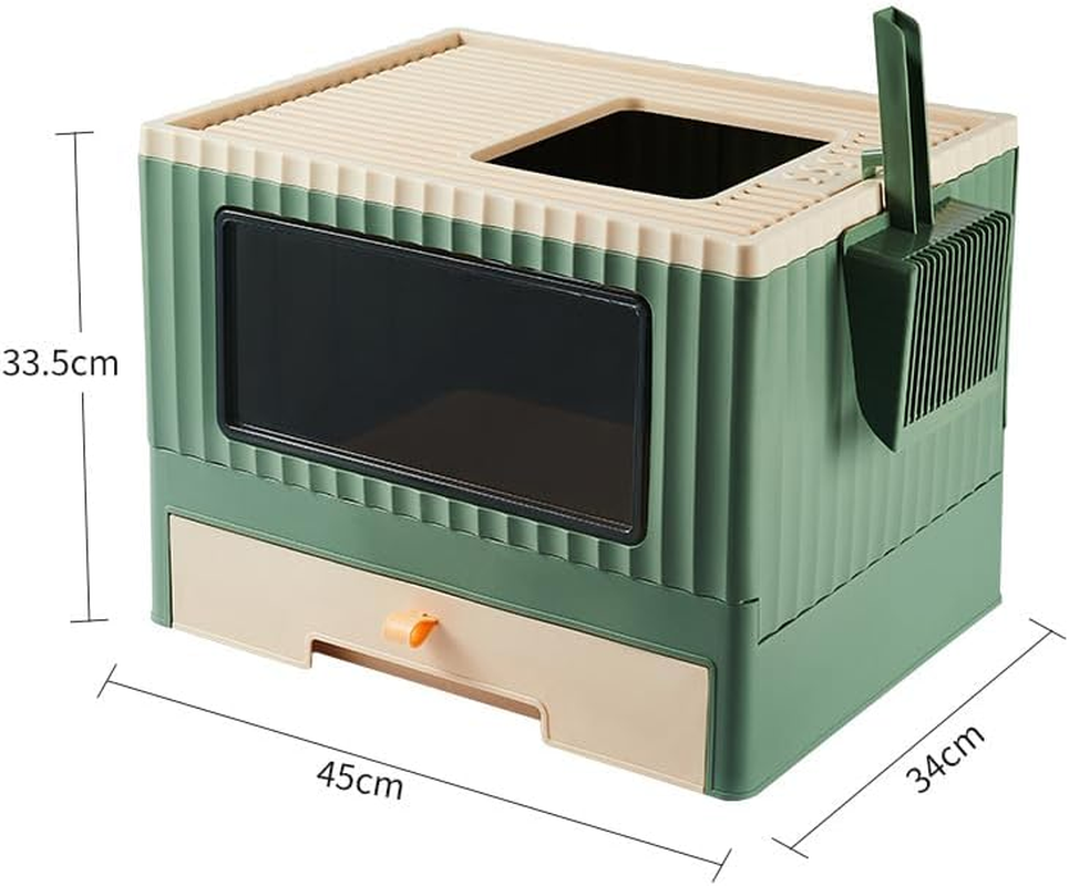 Cat Litter Box with Lid,Litter Box,Tray for Cat,Foldable Kitty Litter Box,With Scoop,Plastic (PP) Bpa-Free,With Drawer Type for Small and Medium Cats - Green image number 2