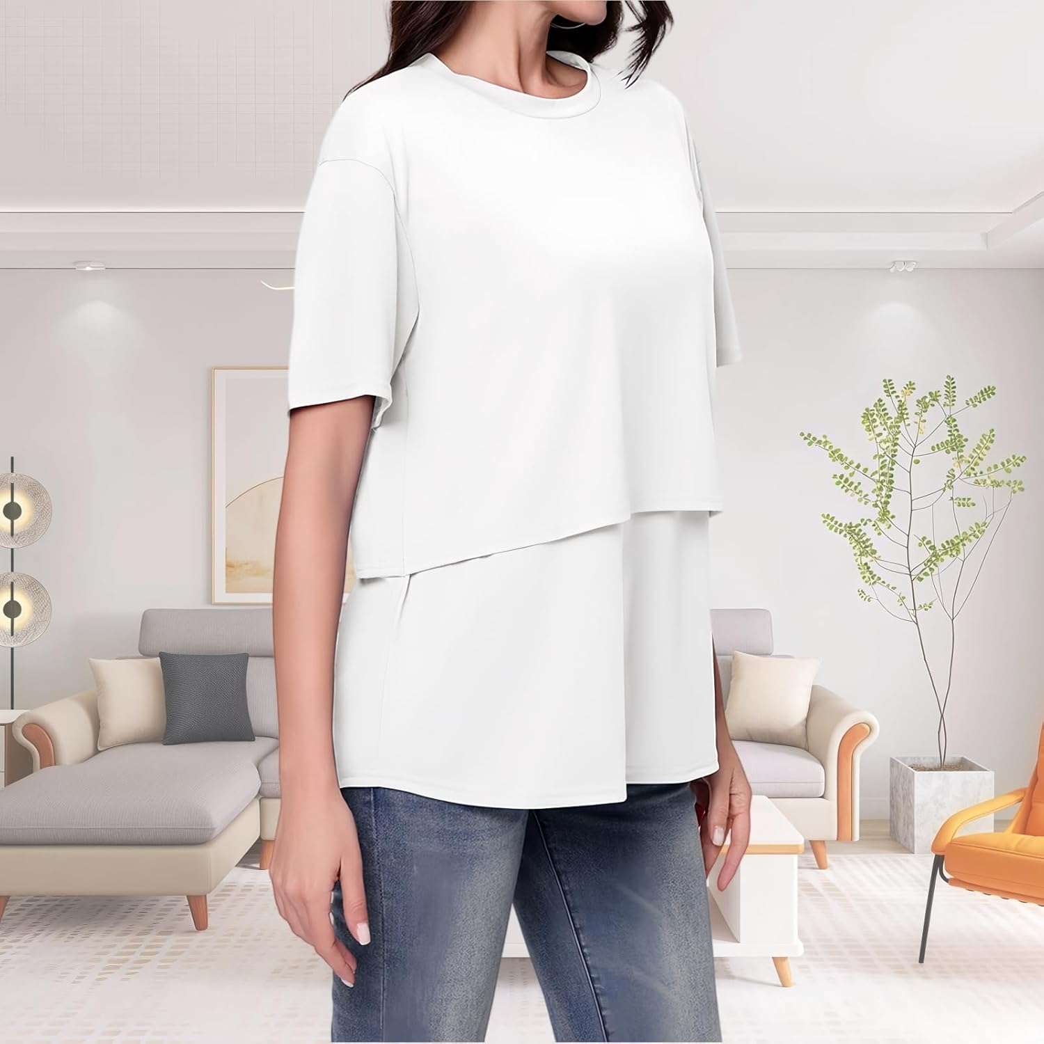 Maternity Tops Short Sleeve Nursing T-Shirt Lift-Up Breastfeeding T Shirts Plain round Neck Basic Nursing Top Loose Fit Pregnancy Clothes image number 1