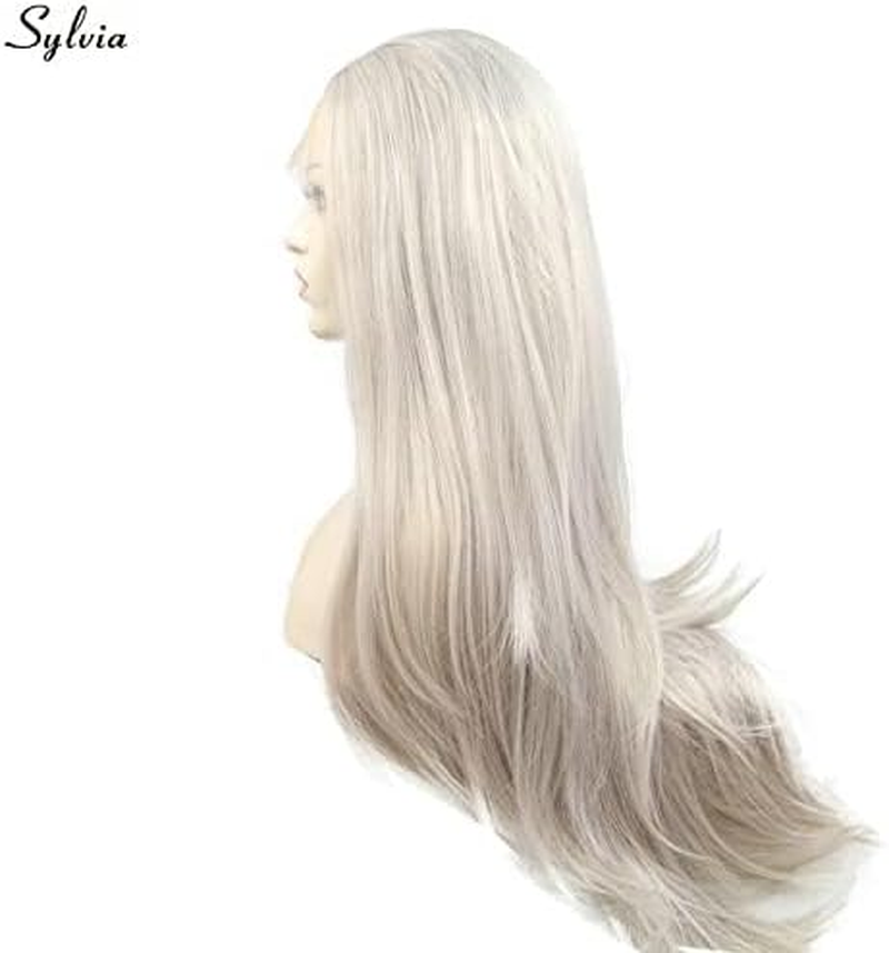 Xiweiya Long Silver Blonde Lace Front Wigs Light Silver Synthetic Lace Front Wig 13X3 Lace Silver Grey Wig Heat Resistant Fiber Half Hand Tied Middle Part for Women Drag Queen 24Inch image number 1
