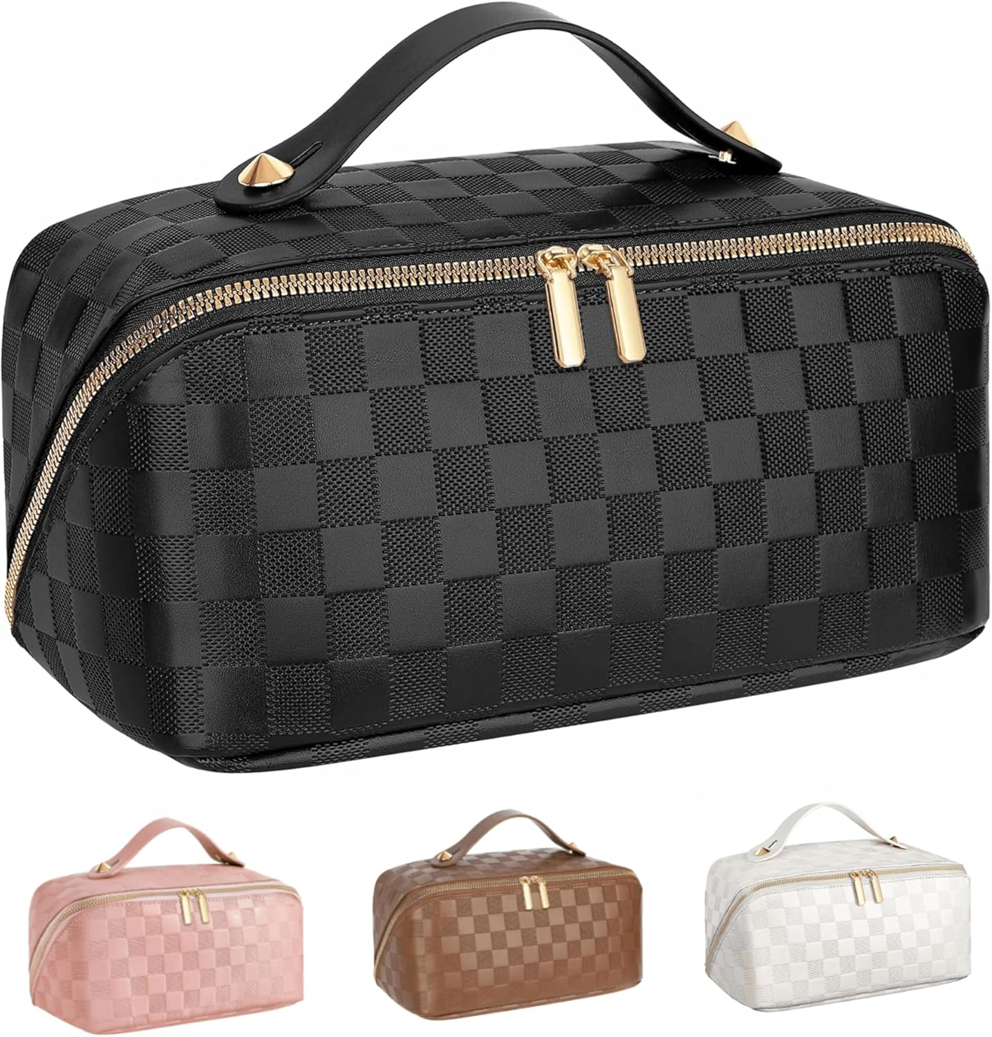 Portable Makeup Bag,Jovala Large Capacity Travel Cosmetic Bag Checkered PU Leather Women'S Holiday Multifunctional Makeup Bag Washable,With Handle and Divider (Brown)