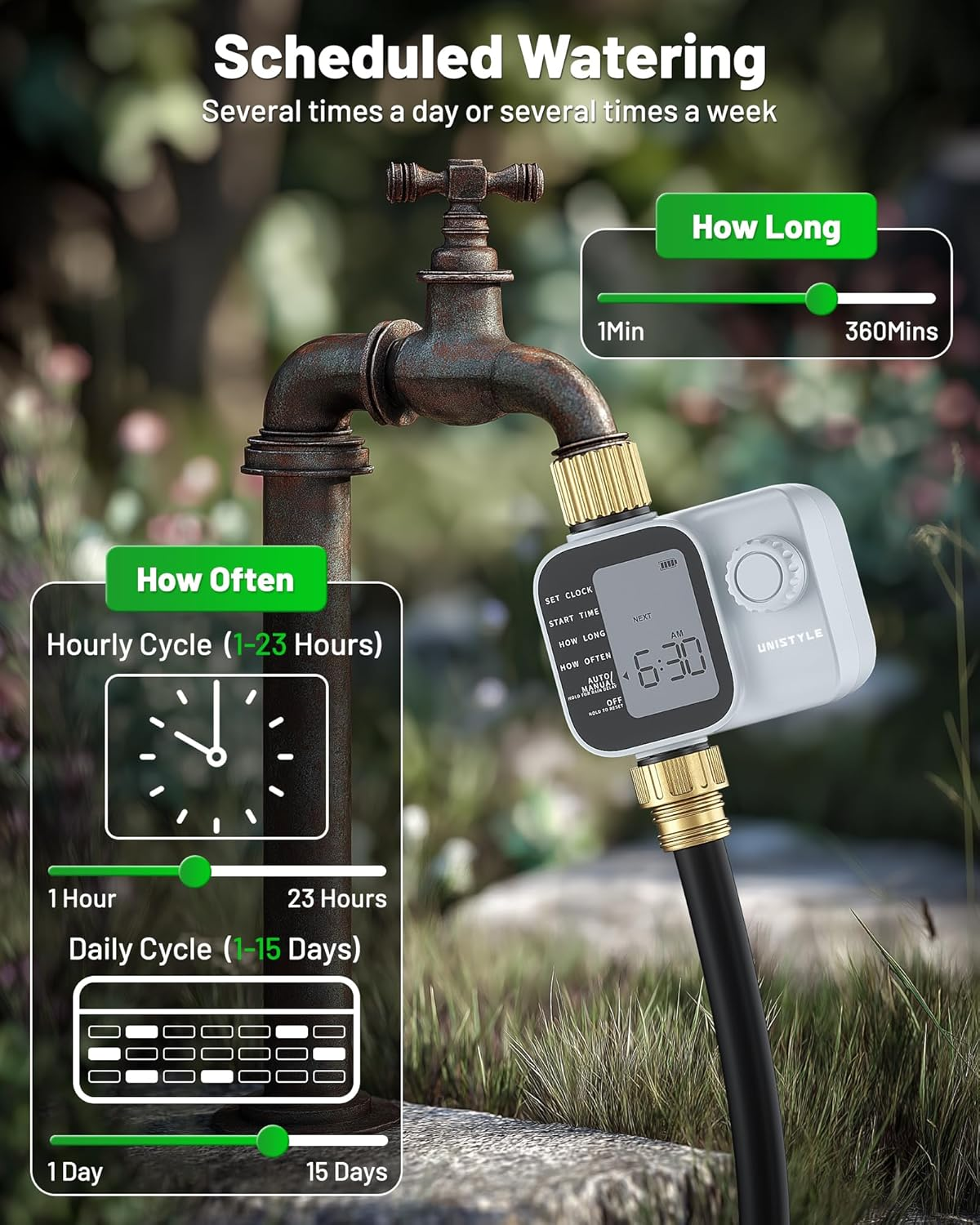 Water Timer, Sprinkler Timer with Industrial Brass Inlet, Easy to Set Up, Automatic/Manual/Delay Mode for Watering Hose, Programmable Garden Tap Irrigation System image number 4