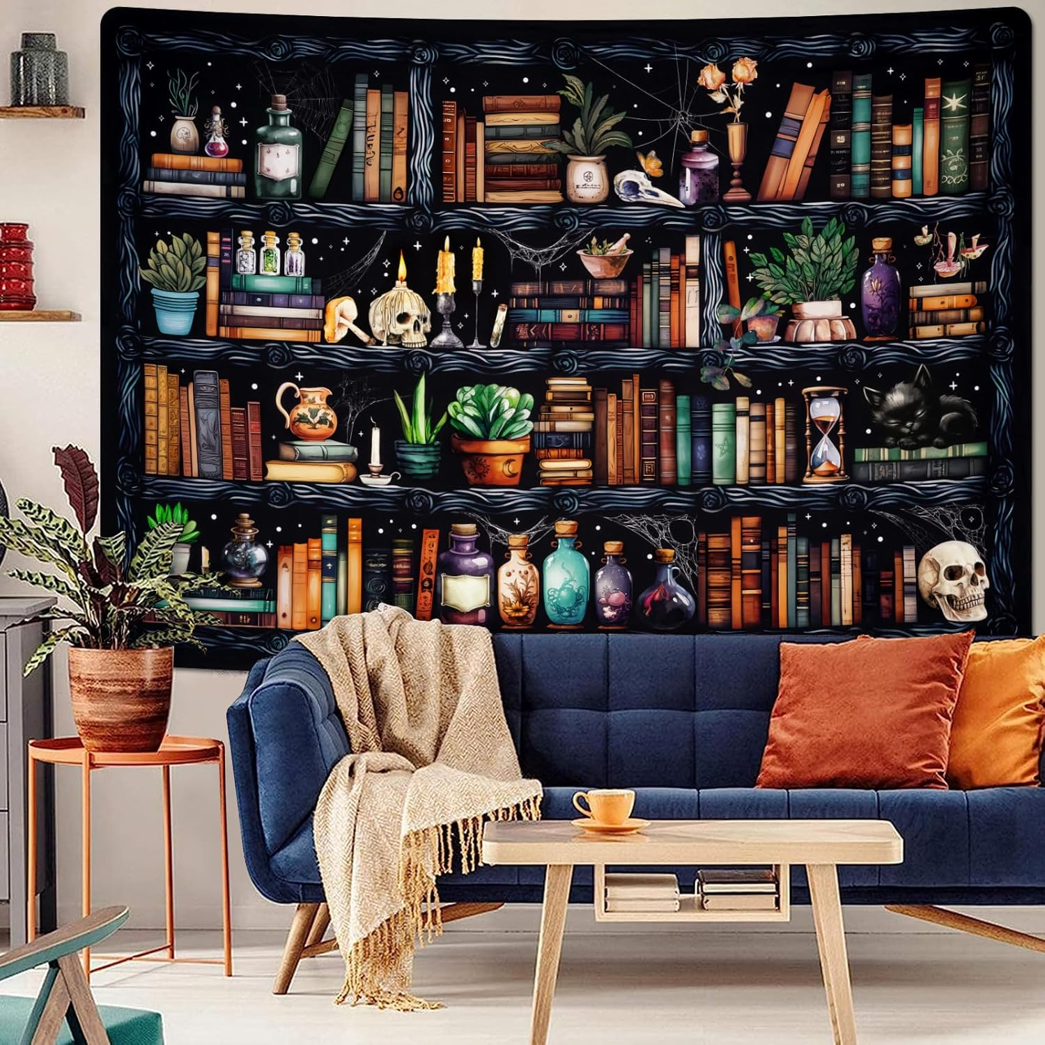 Uspring Magical Book Tapestry Goth Skull Vintage Botanical Black Cat Wall Tapestry Hanging for Bedroom Home Decor (59.1 X 59.1 Inches) image number 5