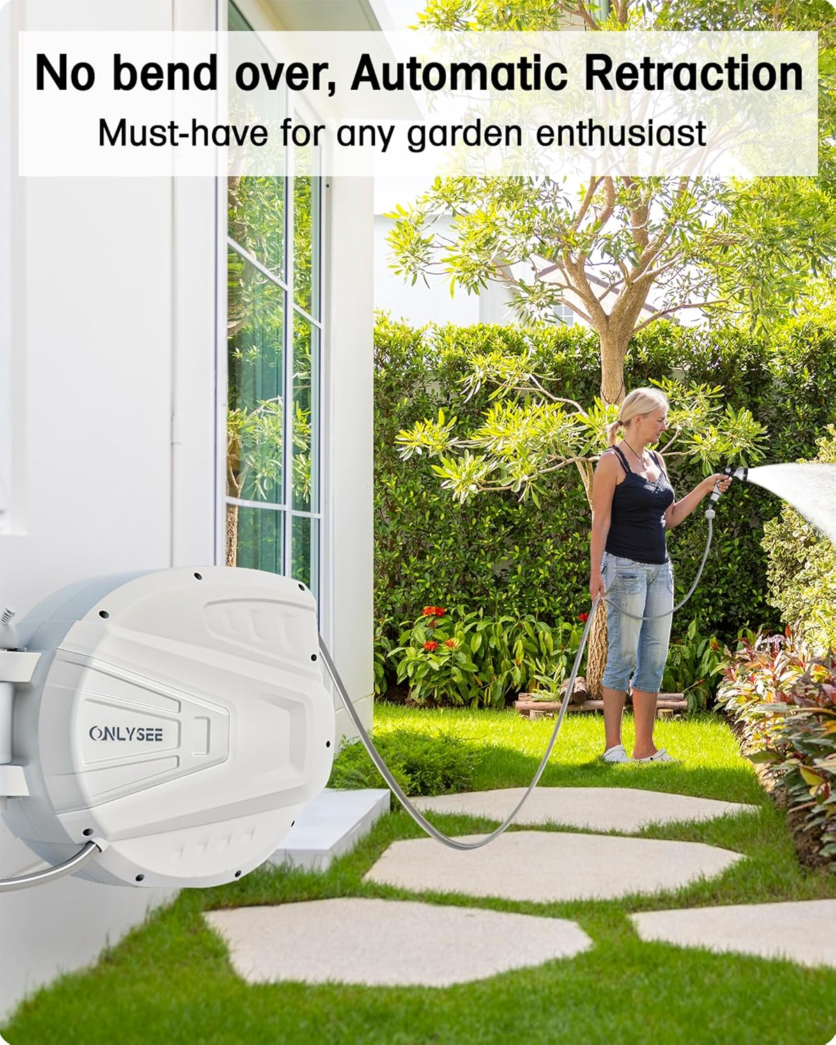 Retractable Garden Hose Reel,30M Garden Hose Reel Wall Wounted,Self-Locking System/Auto Rewind/Wall Loumted/180"Swivel Bracket/Multi-Function Spray Nozzle for Garden Lawn Garage Watering image number 2