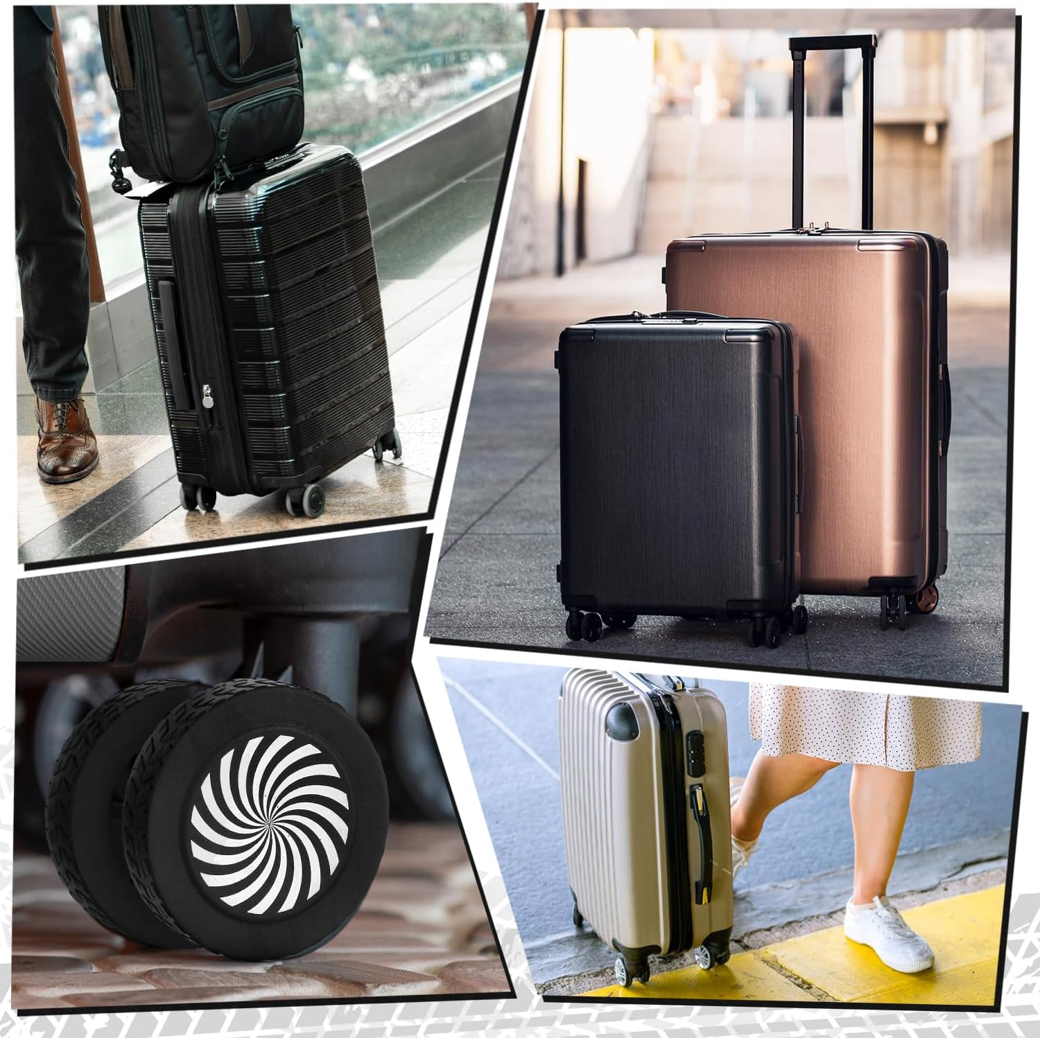 BOXOB 8Pcs Luggage Wheel Protector Covers, 2.05X0.55 Inch Silicone Suitcase Wheel Covers Black White Design Accessories Noise-Proof for Most Adult Children 8-Spinner Wheels Sleeve Suitcase image number 5