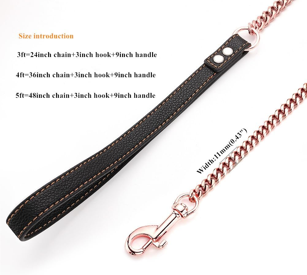 RUMYPET Rose Gold Dog Leash 11Mm/15Mm Metal Cuban Link Dog Chain Leash Chew Proof Comfortale Leather Handle for Walking Trainning 3Ft/4Ft/5Ft(11Mm,4Ft)