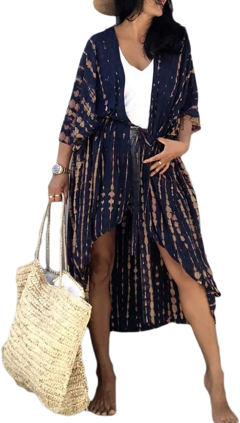Bsubseach Stylish Tie Dye Open Front Long Kimono Swimsuit Cover up for Women image number 2