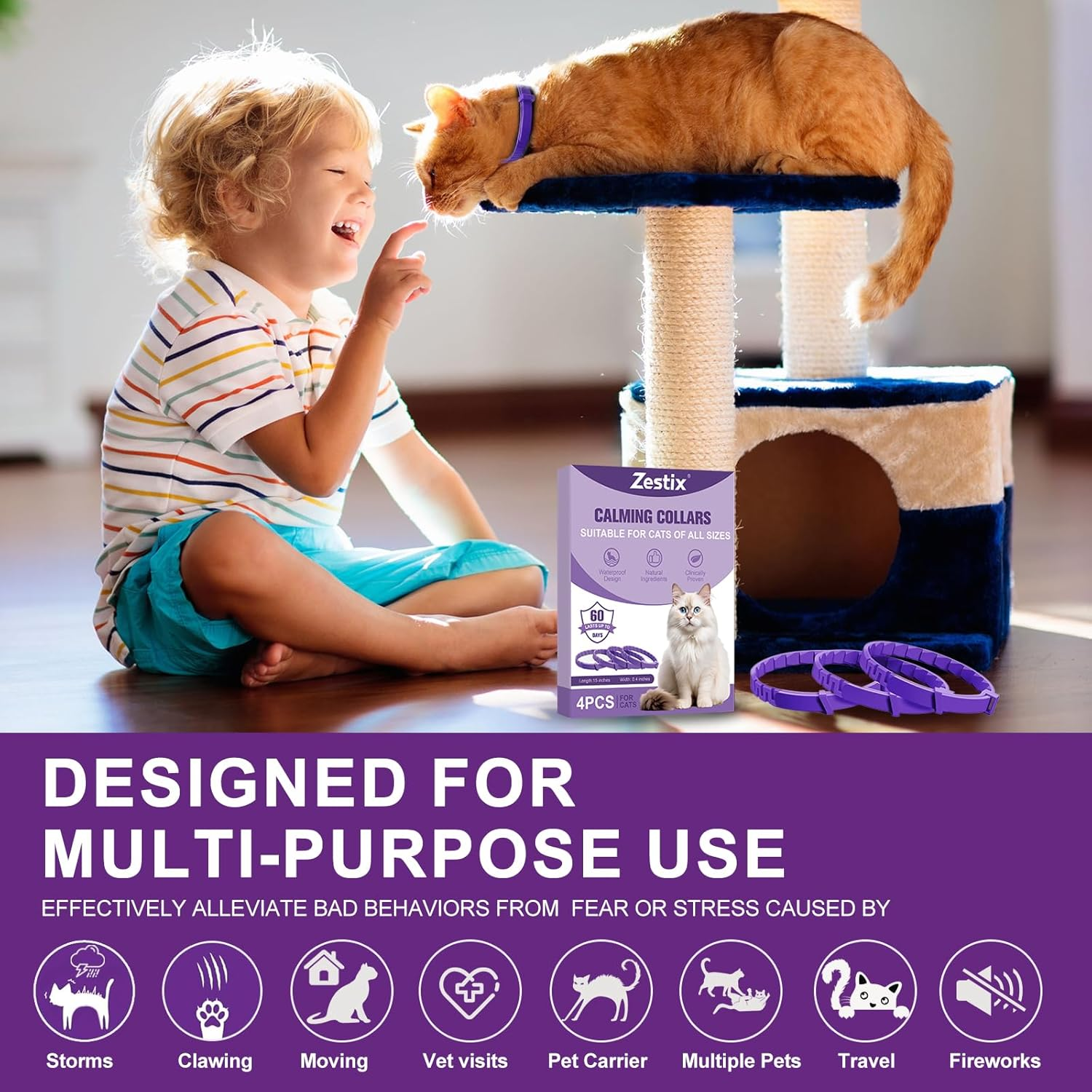 Cat Calming Collar with Pheromone & Lavender, Adjustable Waterproof Design, 30-Day Anxiety Relief, 4-Pack for Multi-Cat Stress & Travel image number 6