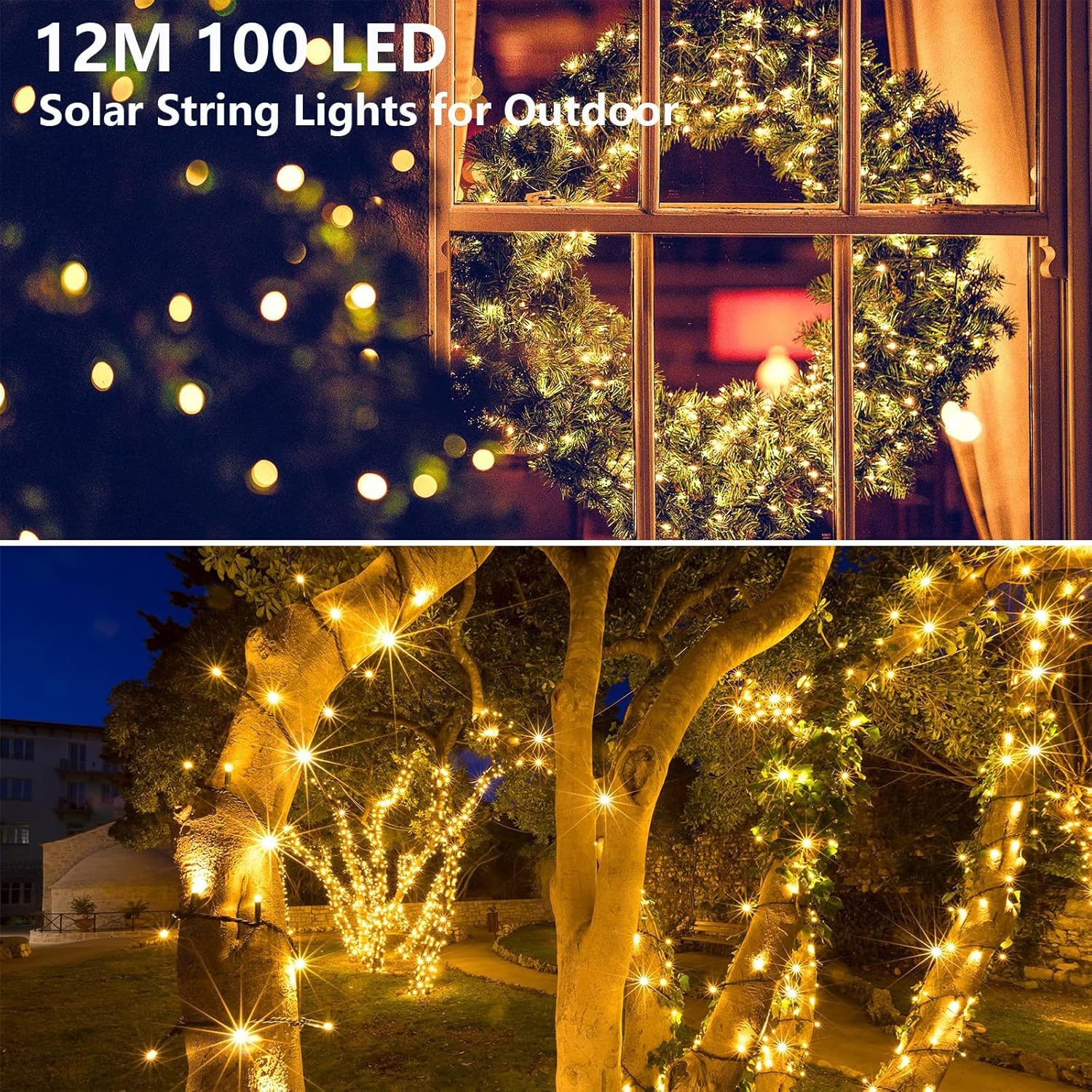 Bongu Solar Christmas Lights, 12M 100LED 8 Modes Waterproof Solar String Outdoor Lights, Fairy Lights for Christmas Tree outside Bedroom Decorations (Warm White) - Multicolor image number 2